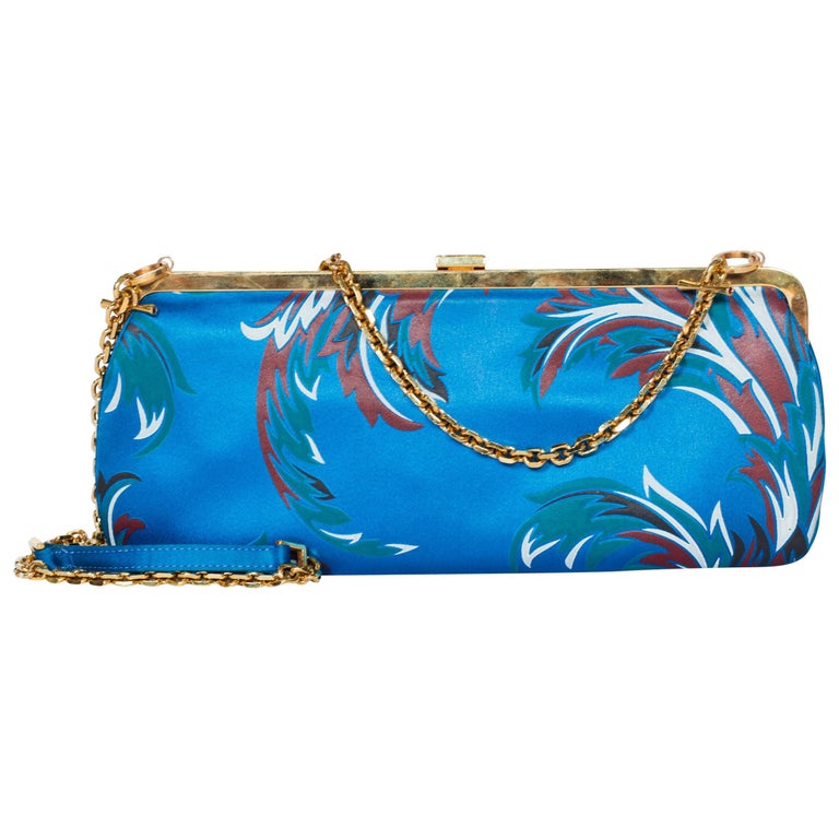 1990s Gianni Versace Baroque Satin Clutch with Gold Chain Strap and