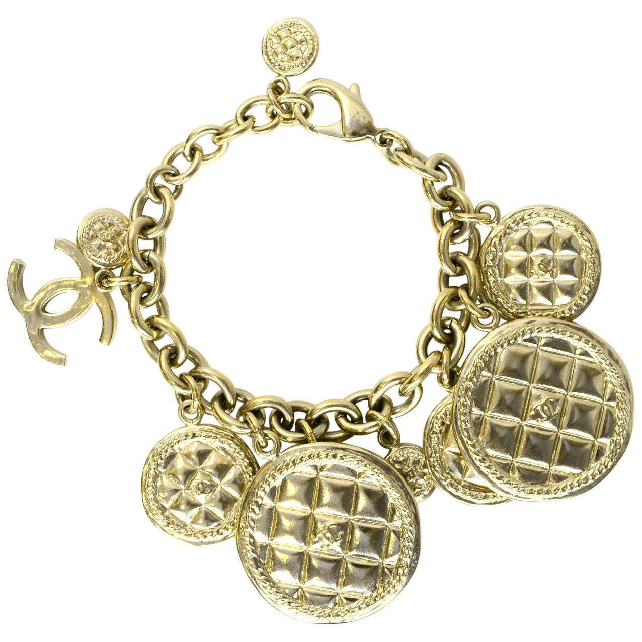 Chanel 2015 Light Goldtone Quilted Disc & CC Charm Bracelet with Box