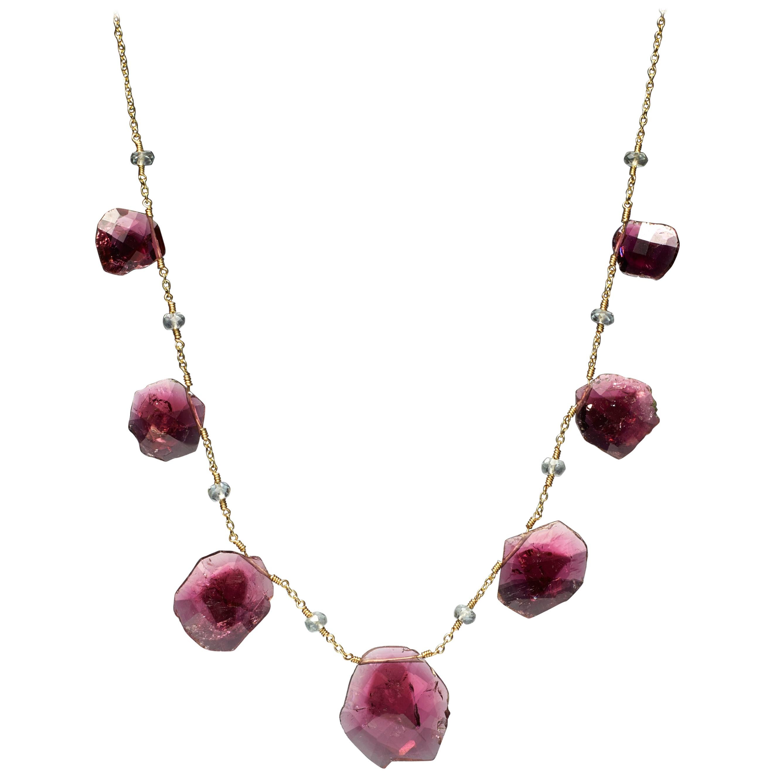 Pink Tourmaline Slice 18K Gold Necklace by Christopher Phelan  For Sale