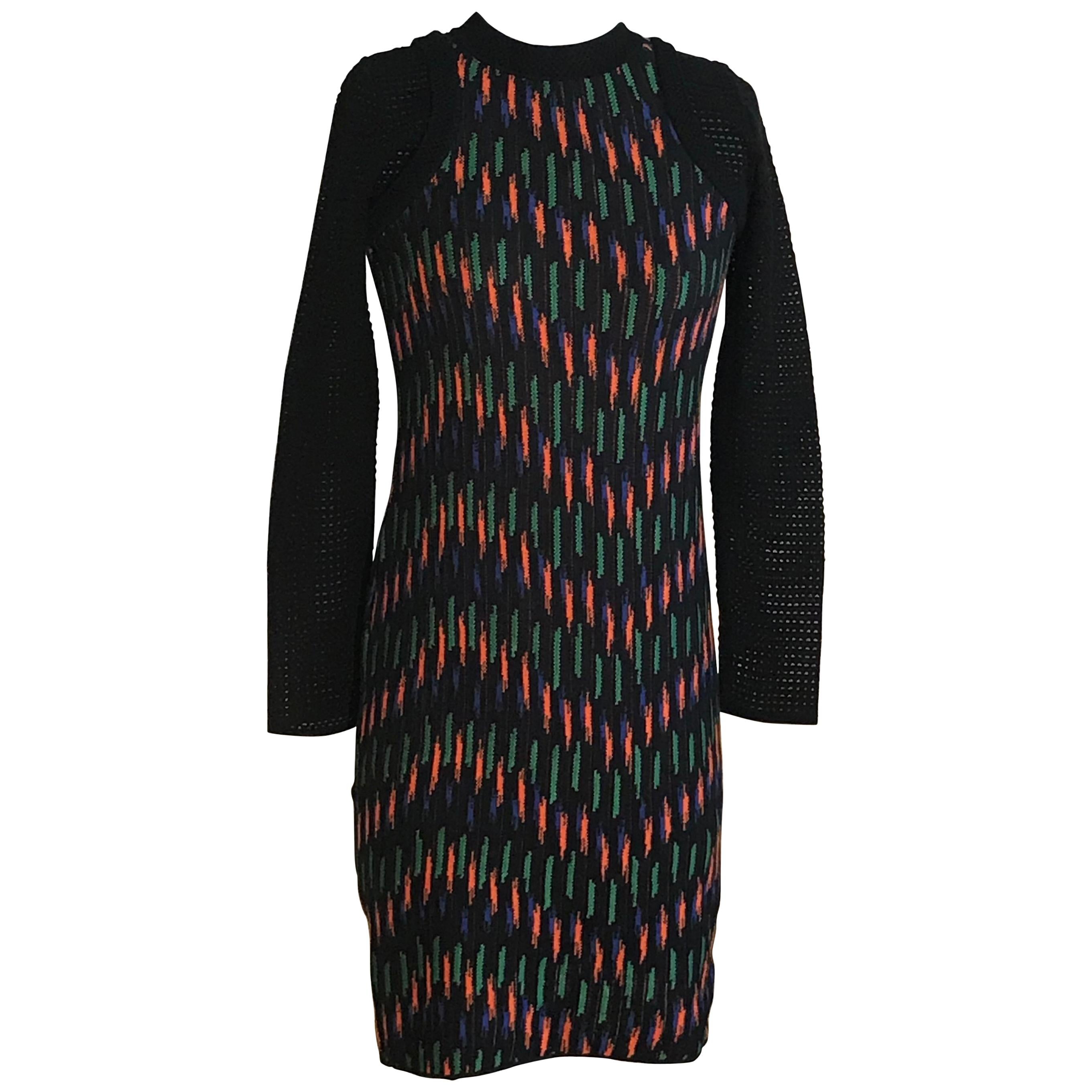 New M Missoni Black Orange Blue Green Knit Sweater Dress with Mesh Knit Sleeves For Sale