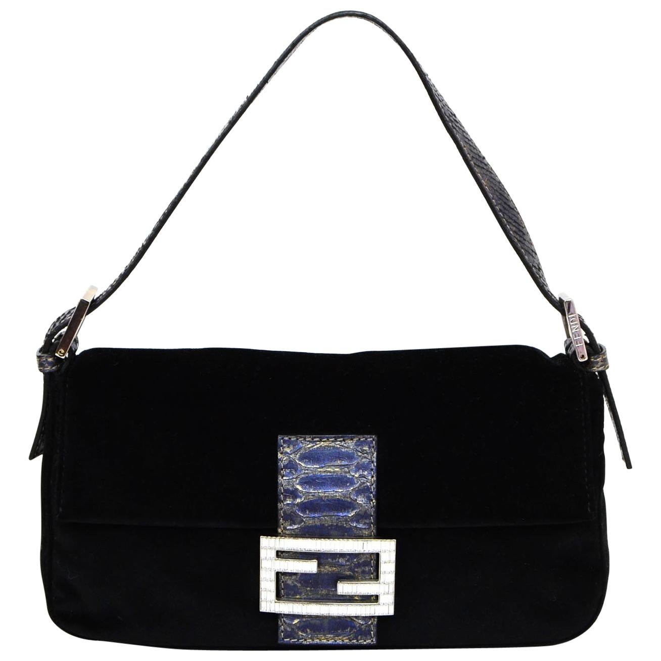 Fendi Black Velvet & Crystal Logo Buckle Baguette Bag