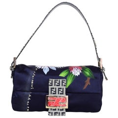 Fendi Navy Satin Floral Baguette Bag with Dust Bag