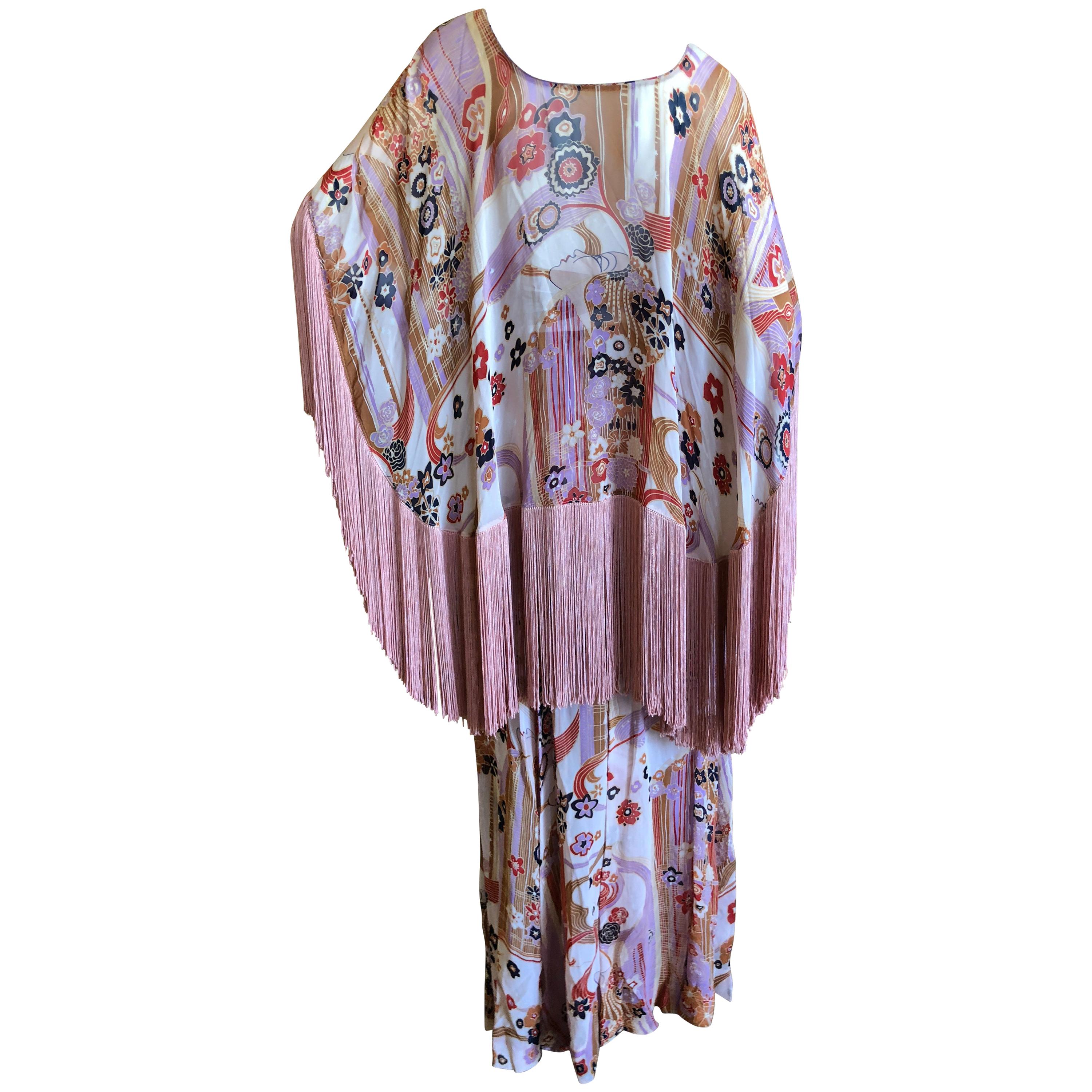 Cardinali Ruffle Silk Hippie Print Fringed Evening Dress Ensemble, 1970s   For Sale