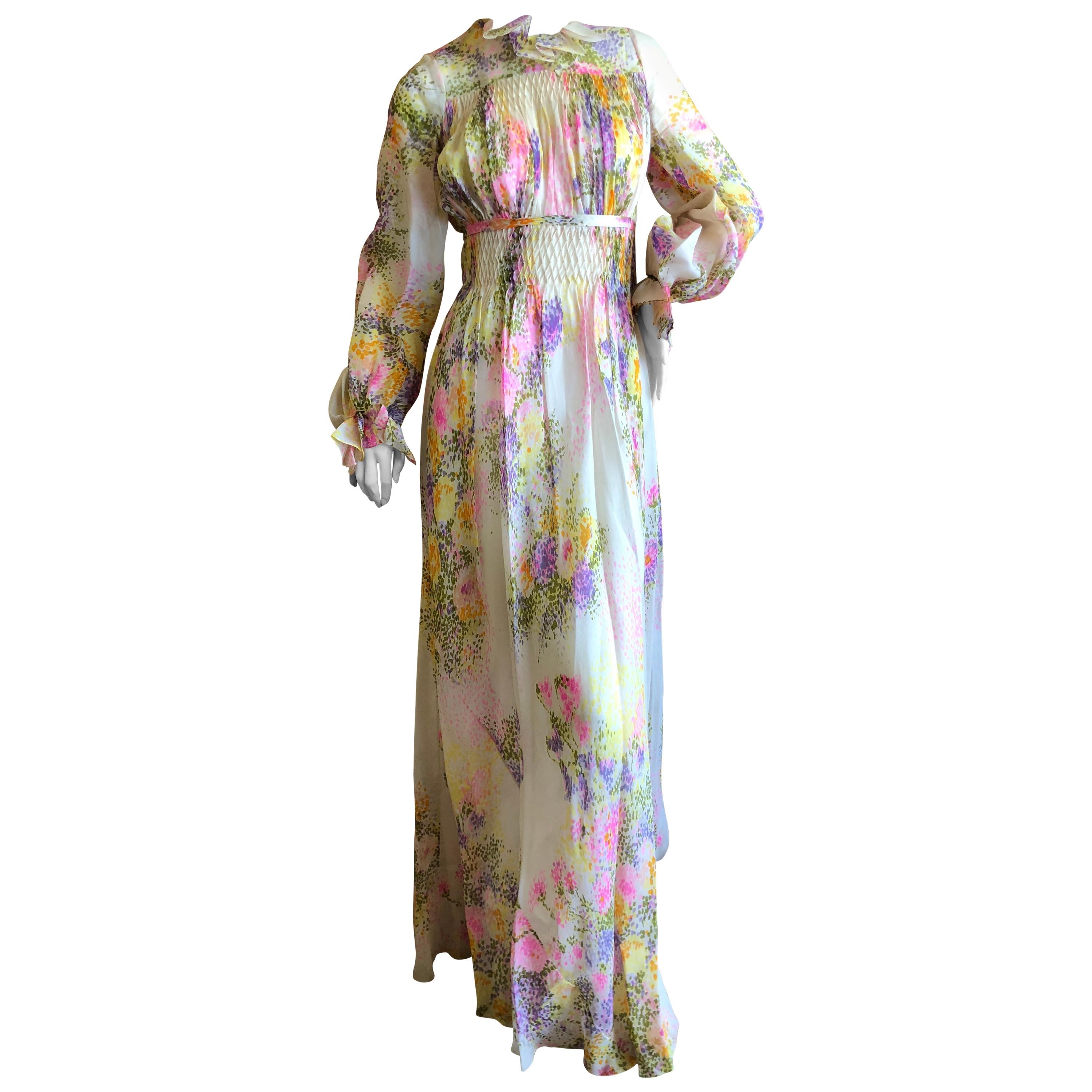 Cardinali Ruffle Silk Chiffon Floral Evening Dress with Pin Tuck Details, 1970s  For Sale