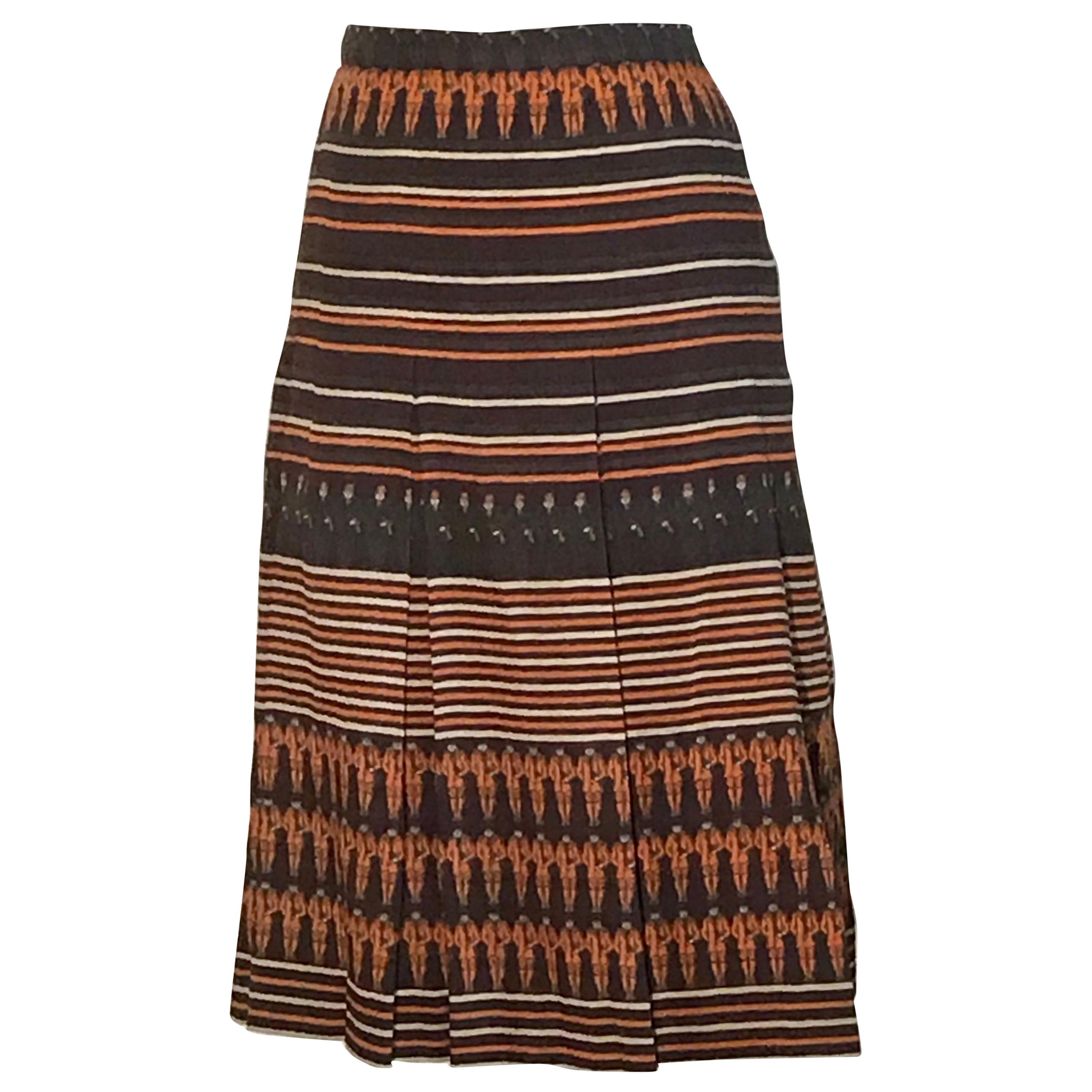 Gucci Vintage Equestrian Rider Brown Orange Cream Stripe Print Pleat Skirt, 1970 en vente