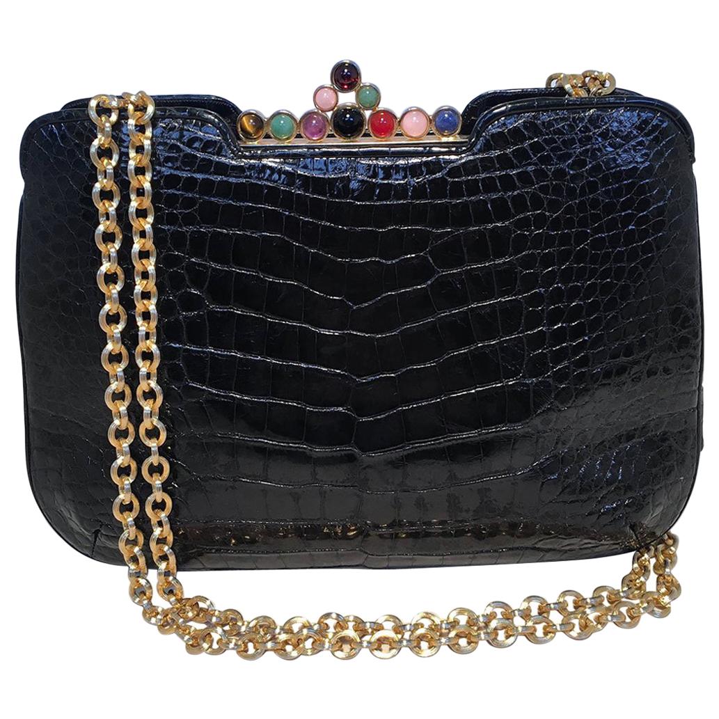 Judith Leiber Vintage Black Alligator Gemstone Detail Shoulder Bag 