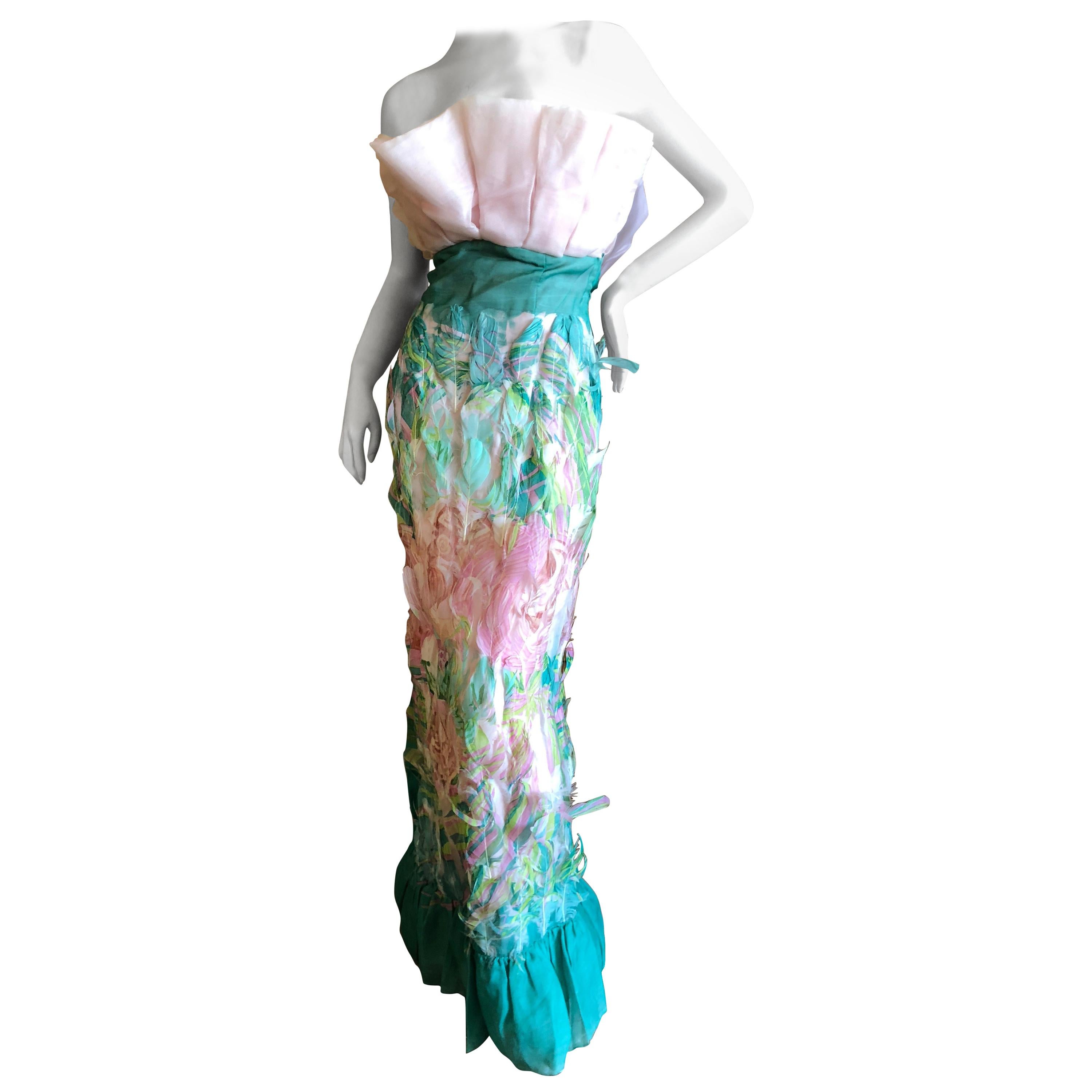 Cardinali Strapless Printed Feather Silk Evening Dress For Sale