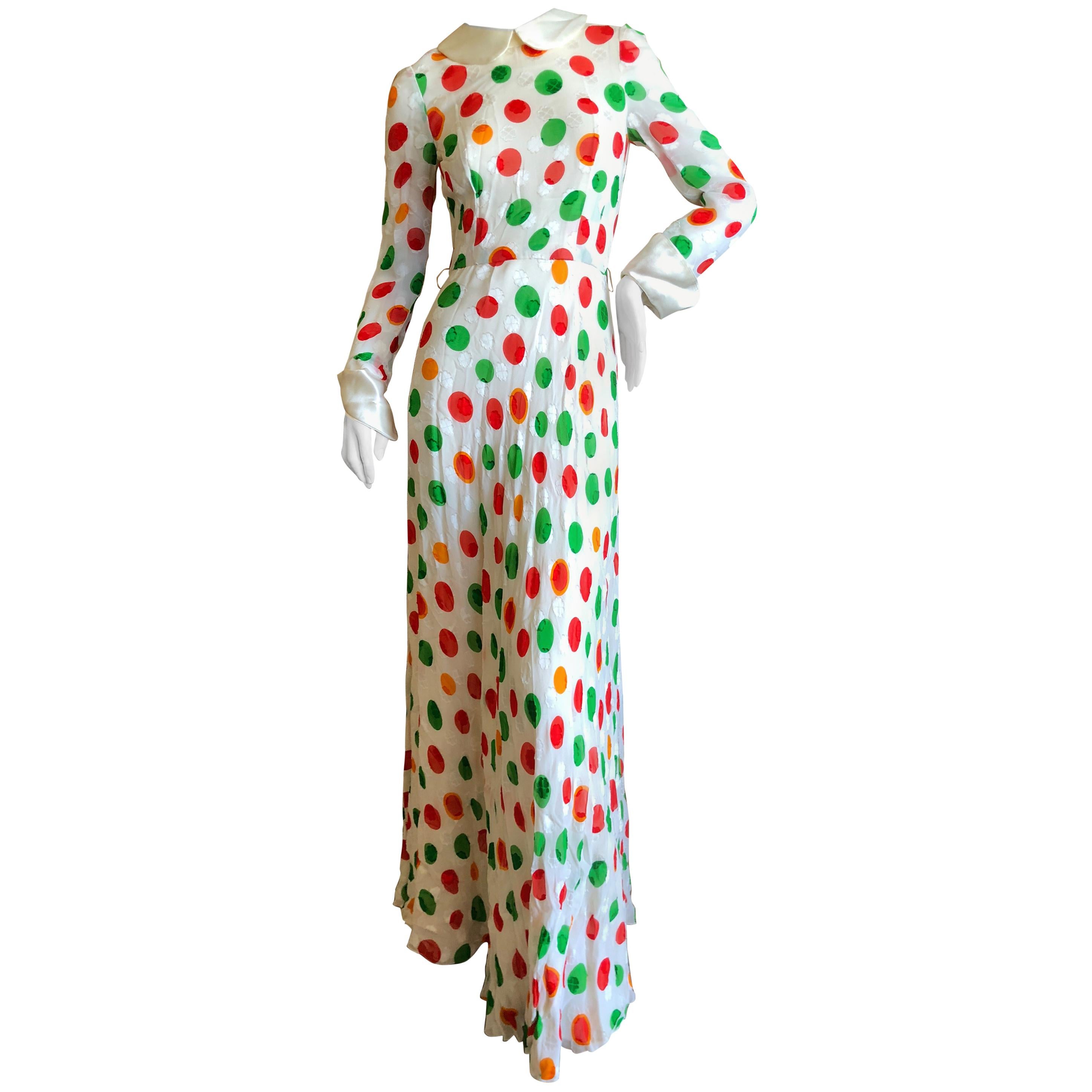 Cardinali Shamrock Pattern Polka Dot Silk Evening Dress, 1970s  For Sale