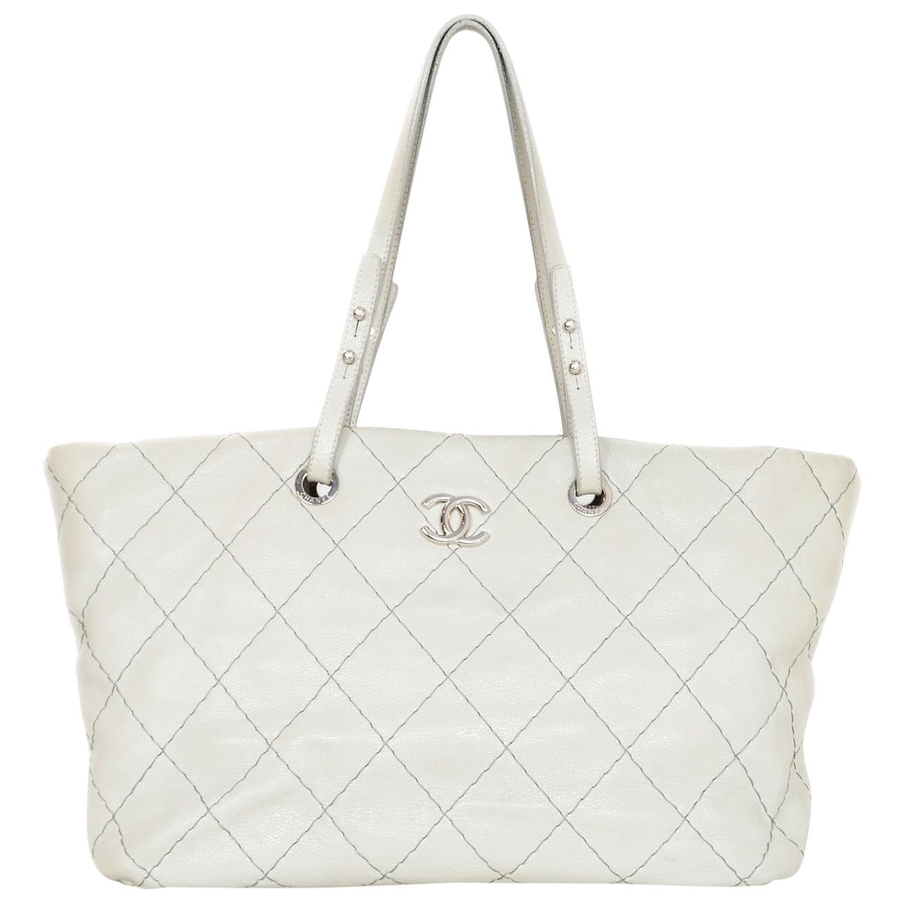 Chanel Off-White Glazed Calfskin Large On The Road Tote Bag