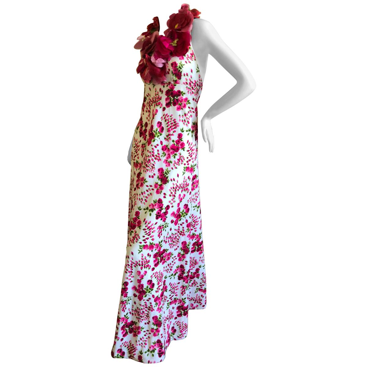Cardinali Silk Floral Violette Flower Neckline Halter Evening Dress, 1973  For Sale