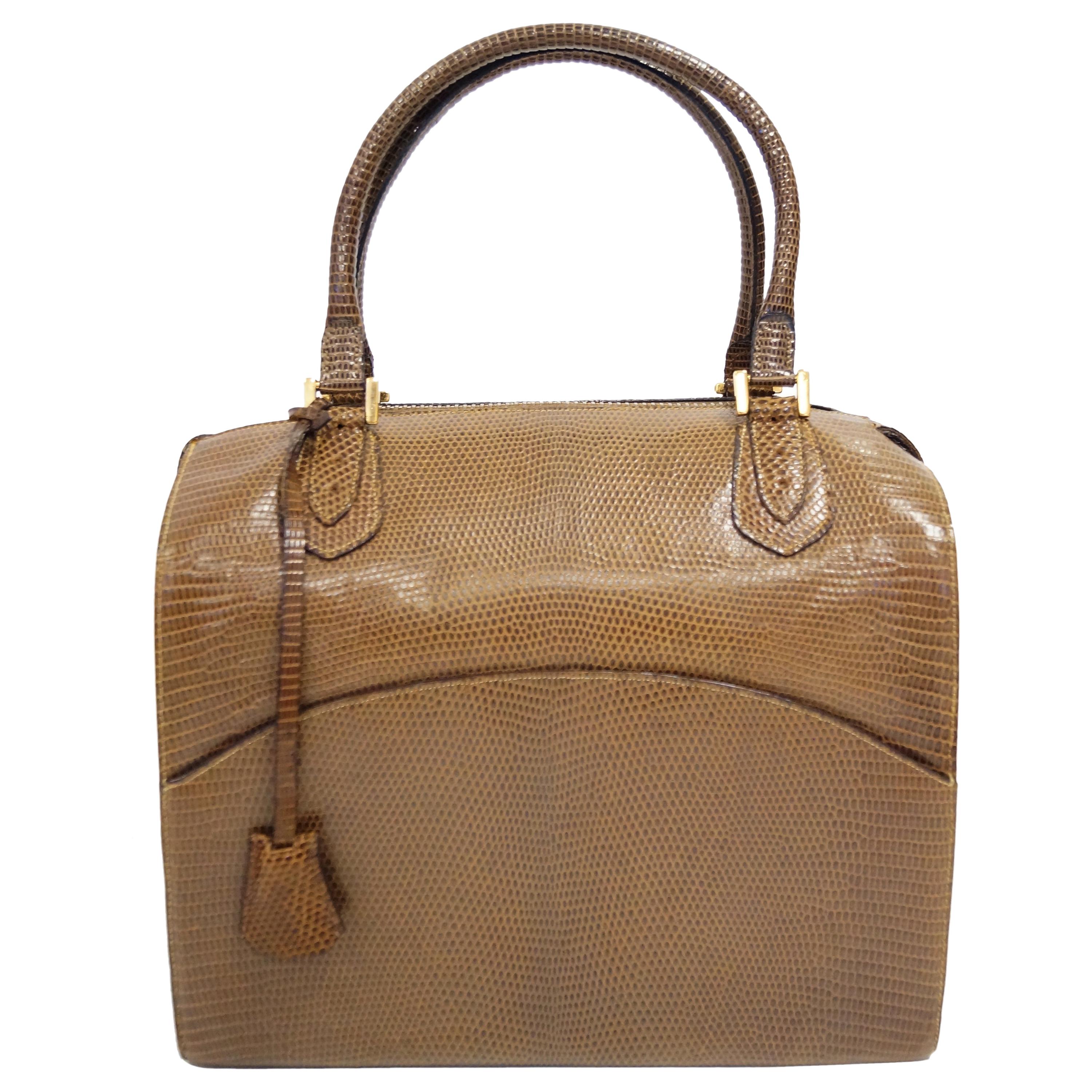 Martin Van Schaak Custom Brown Java Lizard Skin Handbag Box Bag, 1960s 