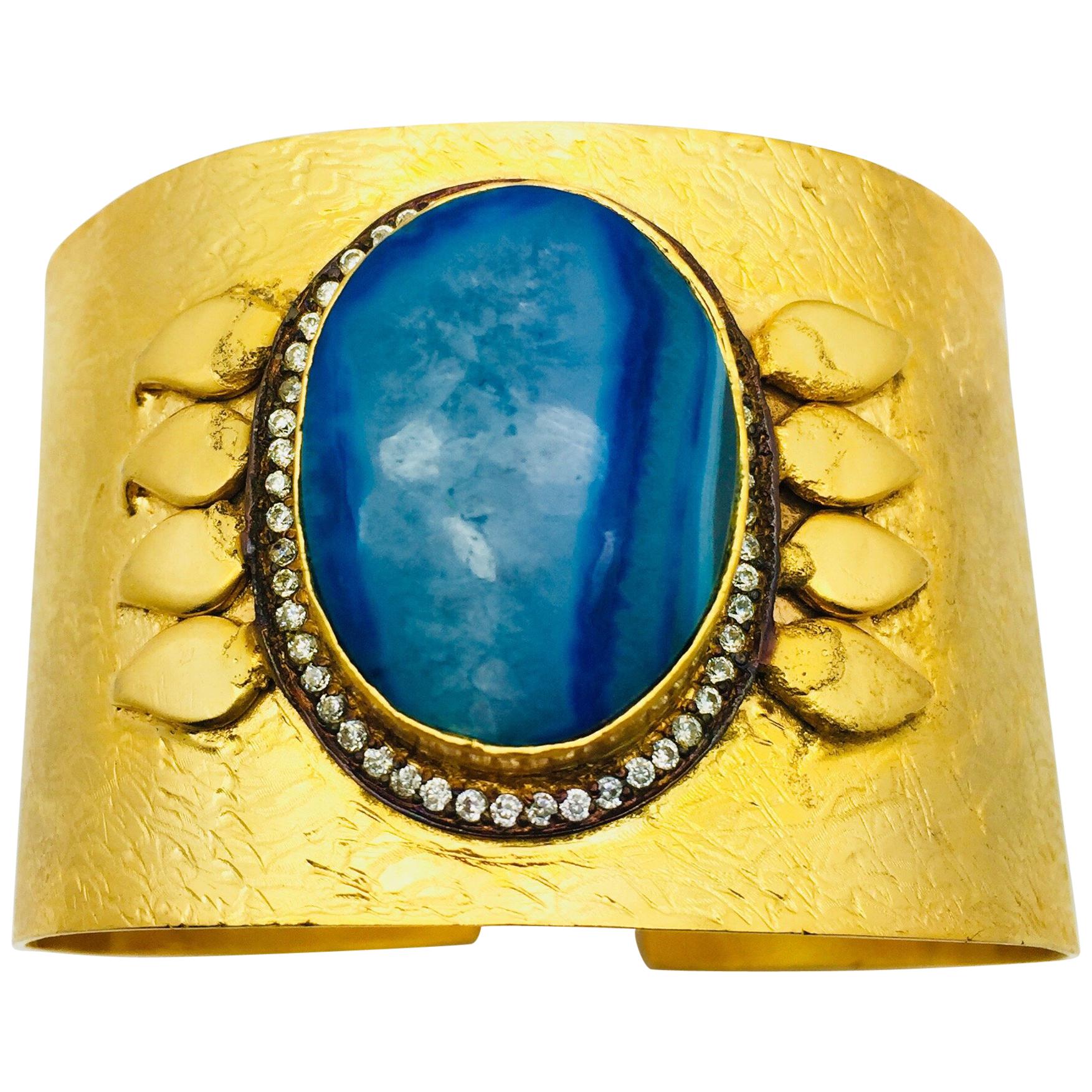 Geode Turquoise Hand Brushed Gold Statement Cuff