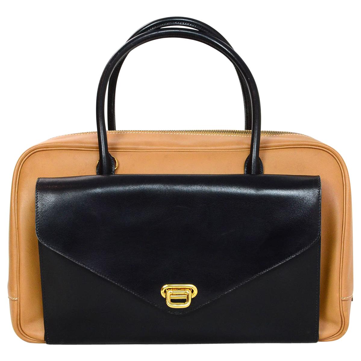 Hermes Vintage Tan & Black Top Handle Leather Handbag
