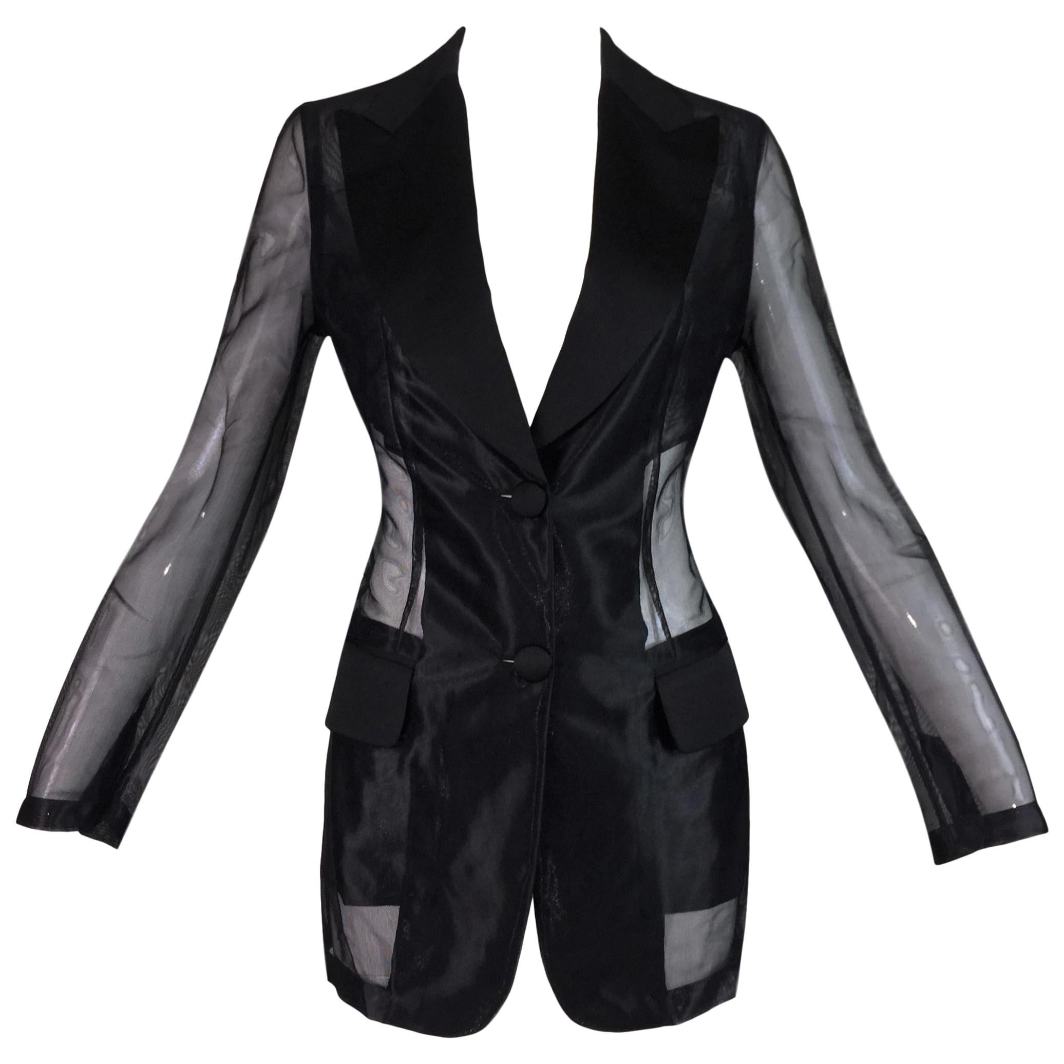 S/S 1995 Dolce & Gabbana Sheer Black Nylon Long Blazer Jacket