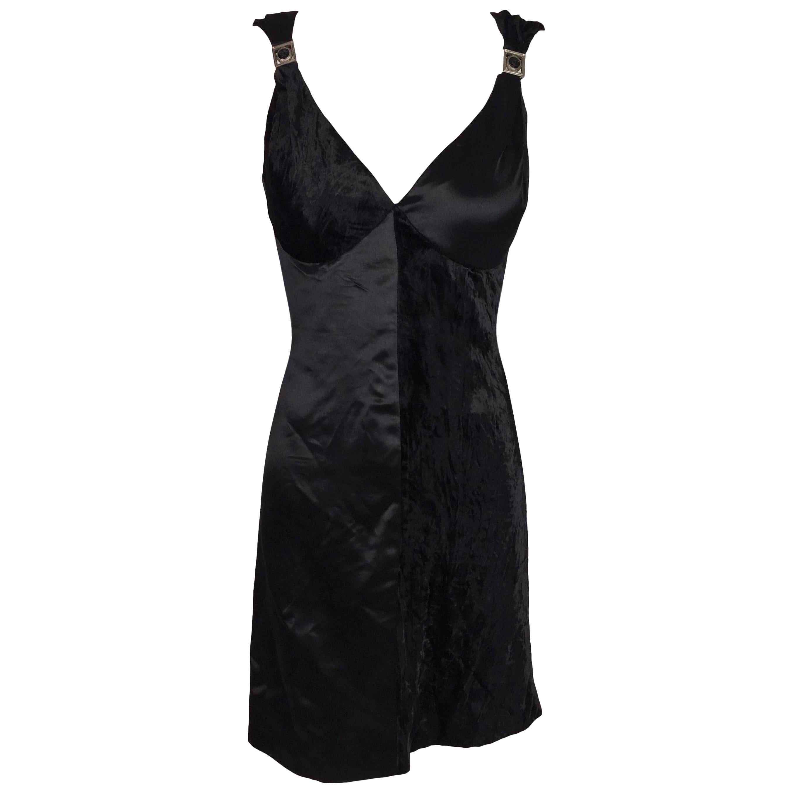 S/S 1995 Gianni Versace Black Silk Velvet MOD Plunging Mini Dress