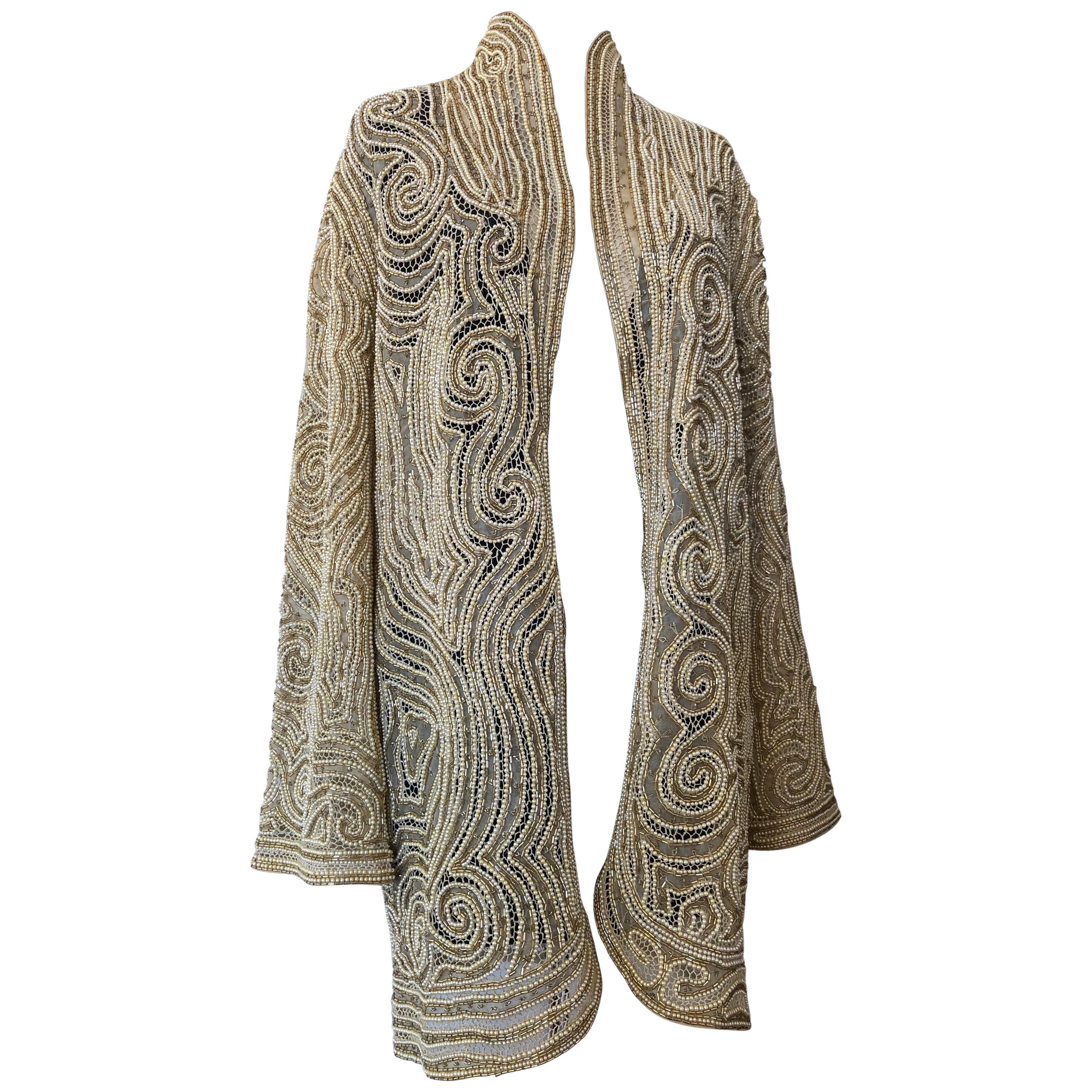 Halston Pearl Crochet and Gold Bugle Beaded Silk Organza Lace Jacket, 1980s 