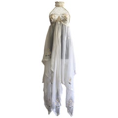 1970s-Style Crochet Halter Dress W/ Daisy Embroidered Linen Handkerchief Hem