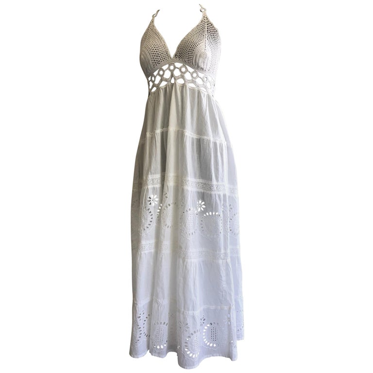 1970s-Style Summer Halter Midi Dress W/ Hand-Crochet & Victorian Eyelet  Skirt