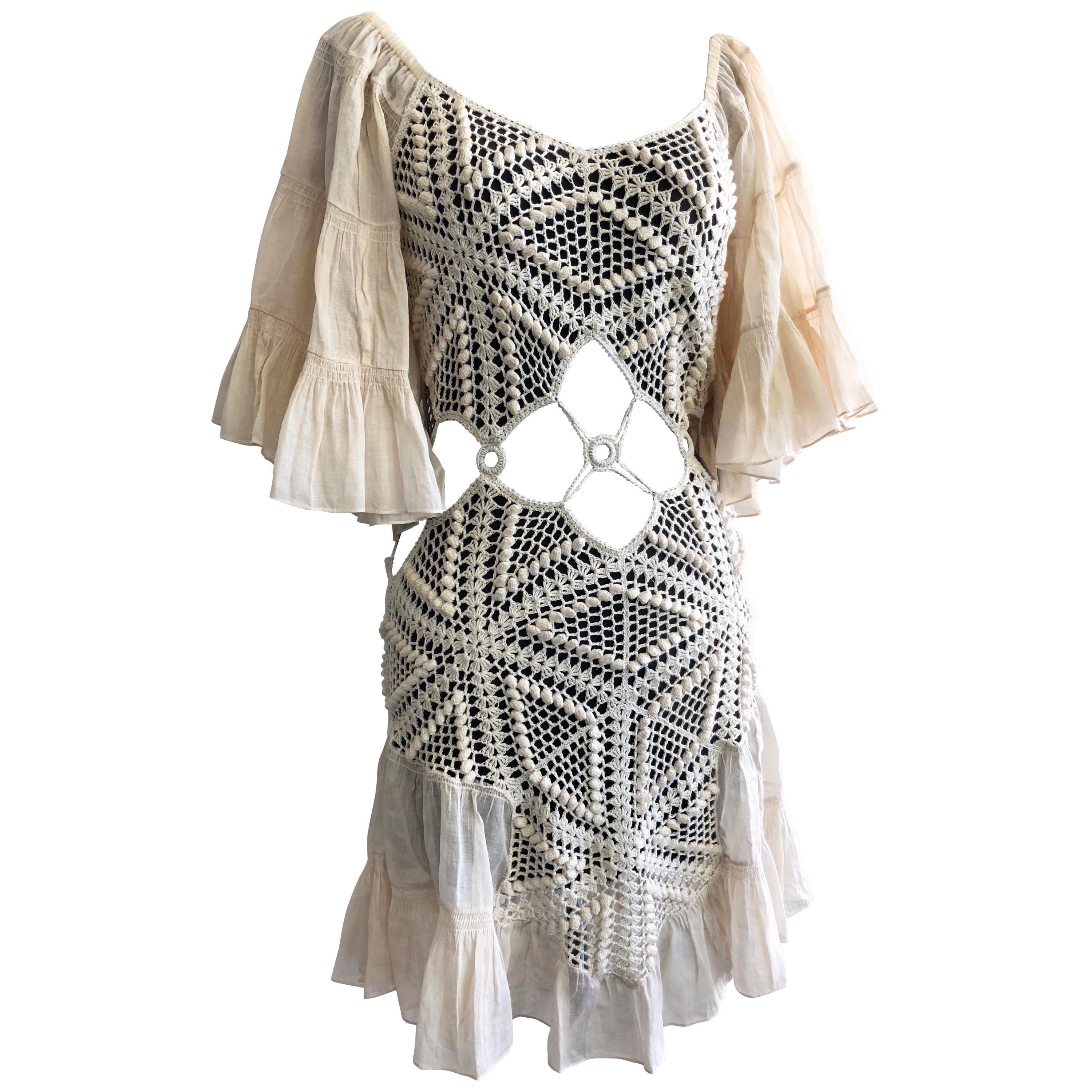 1970s-Style Peek-A-Boo Crochet Midriff Mini Dress W/ Cotton Ruffle Sleeves & Hem