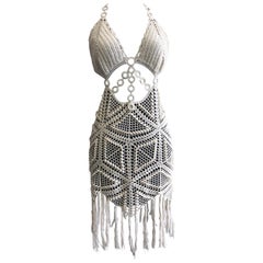 1970s Summer Of Love Cotton Crochet Halter Summer Dress W/ Tie Back 