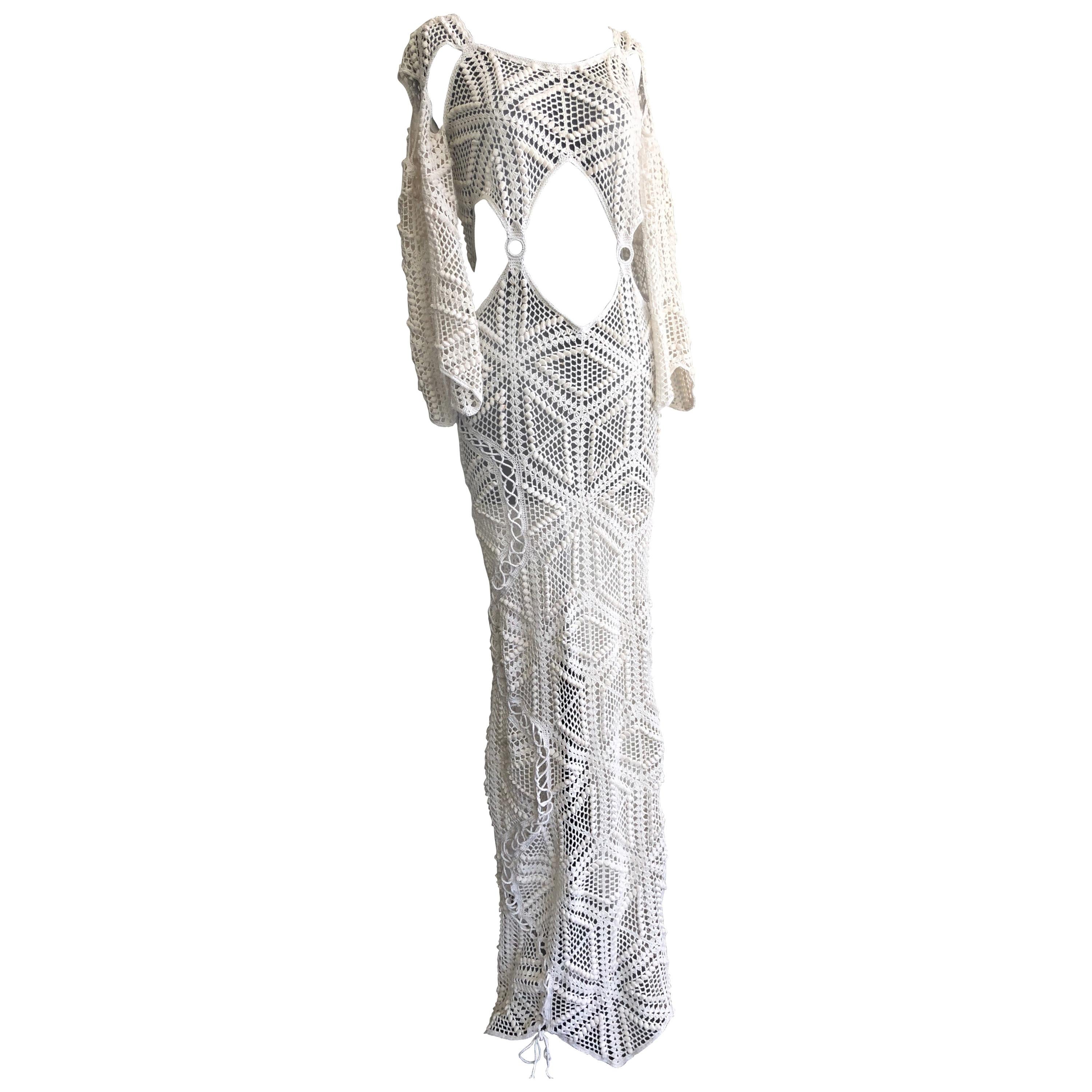 1970s Style Body Conscious Open Midriff Crochet Maxi Dress With Bell Sleeves