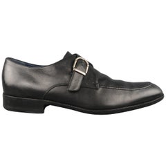 SALVATORE FERRAGAMO Size 11.5 Black Leather Apron Toe Monk Strap Loafers Shoes