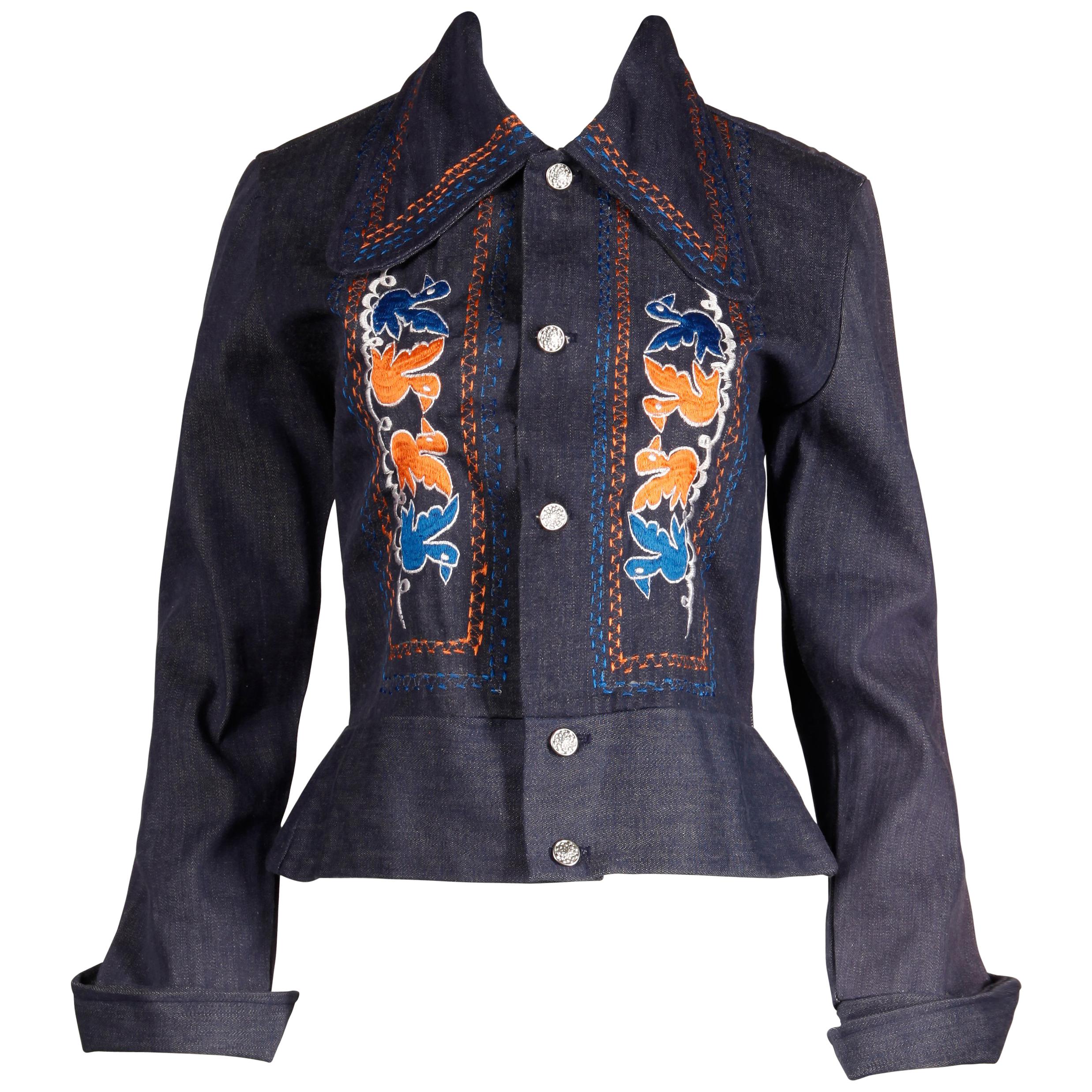 1970s Vintage Hippie Denim Jean Jacket with Orange + Blue Bird Embroidery