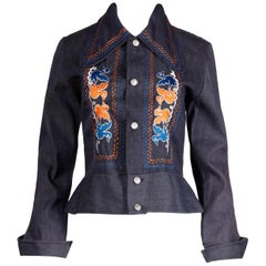 1970s Vintage Hippie Denim Jean Jacket with Orange + Blue Bird Embroidery