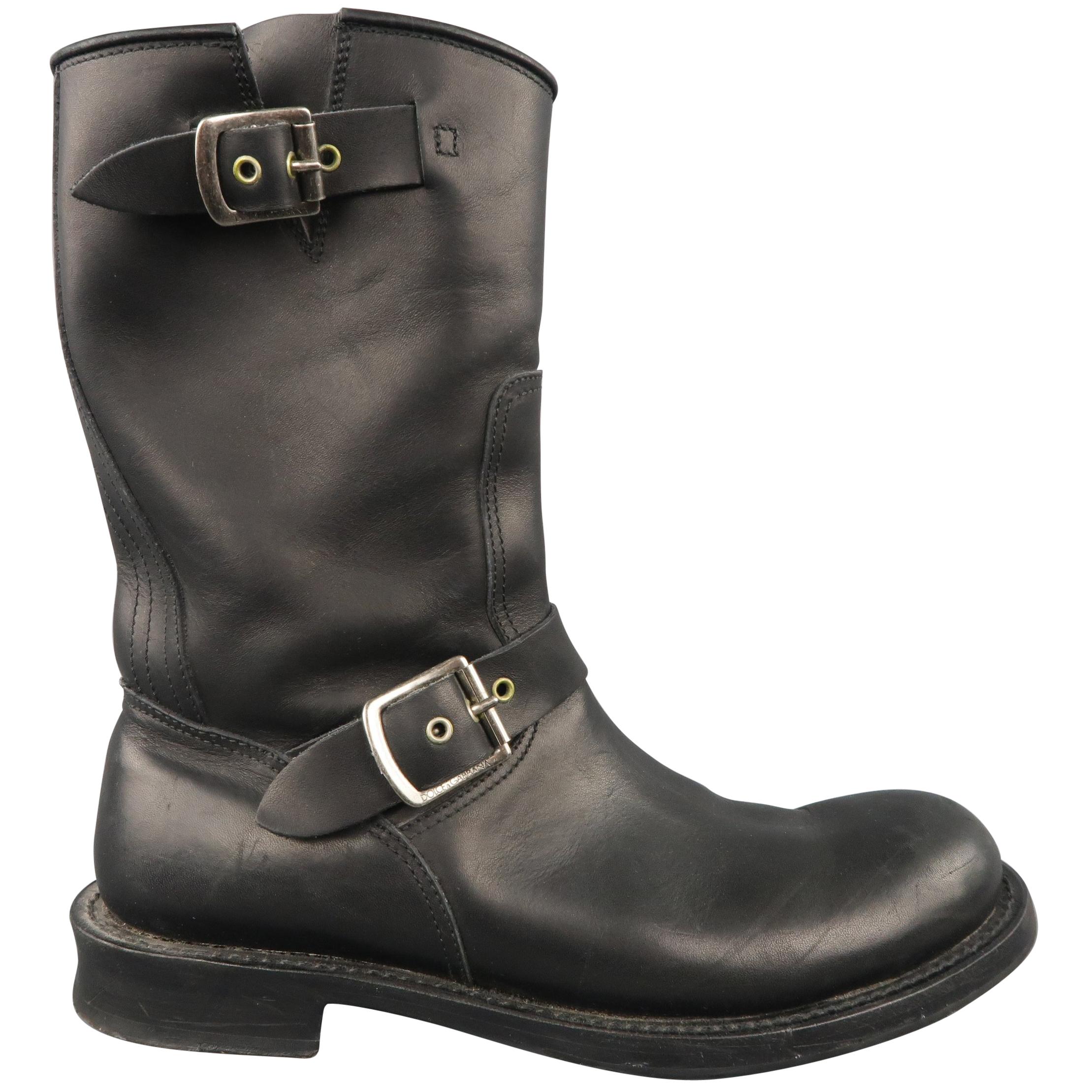 DOLCE & GABBANA Size 8.5 Black Leather Double Strap Biker Boots