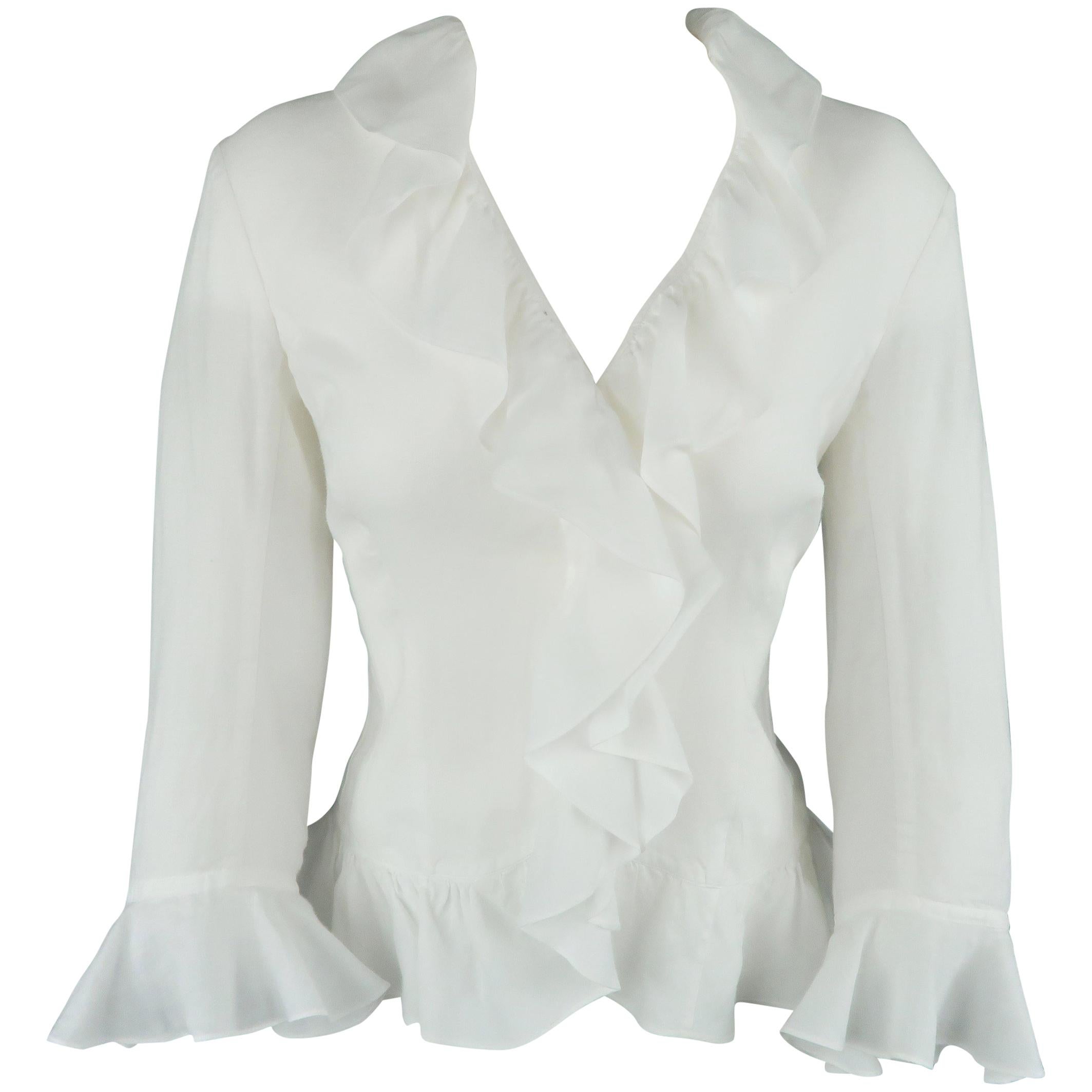 RALPH LAUREN Size 6 White Ramie Ruffled Collar 3/4 Sleeve Blouse at 1stDibs