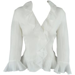 RALPH LAUREN Size 6 White Ramie Ruffled Collar 3/4 Sleeve Blouse