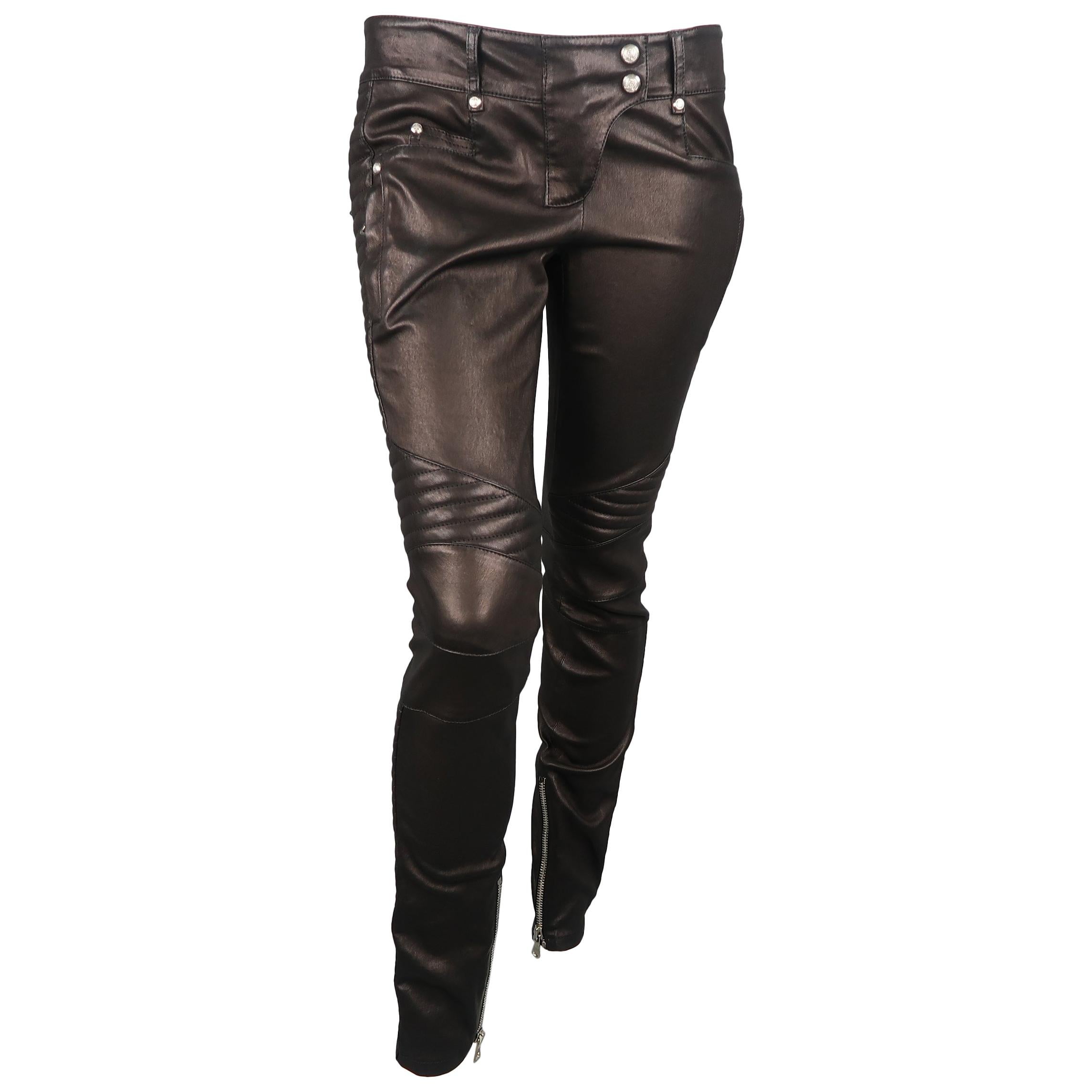 Balmain Black Quilted Stretch Leather Skinny Motorcycle Pants at ...