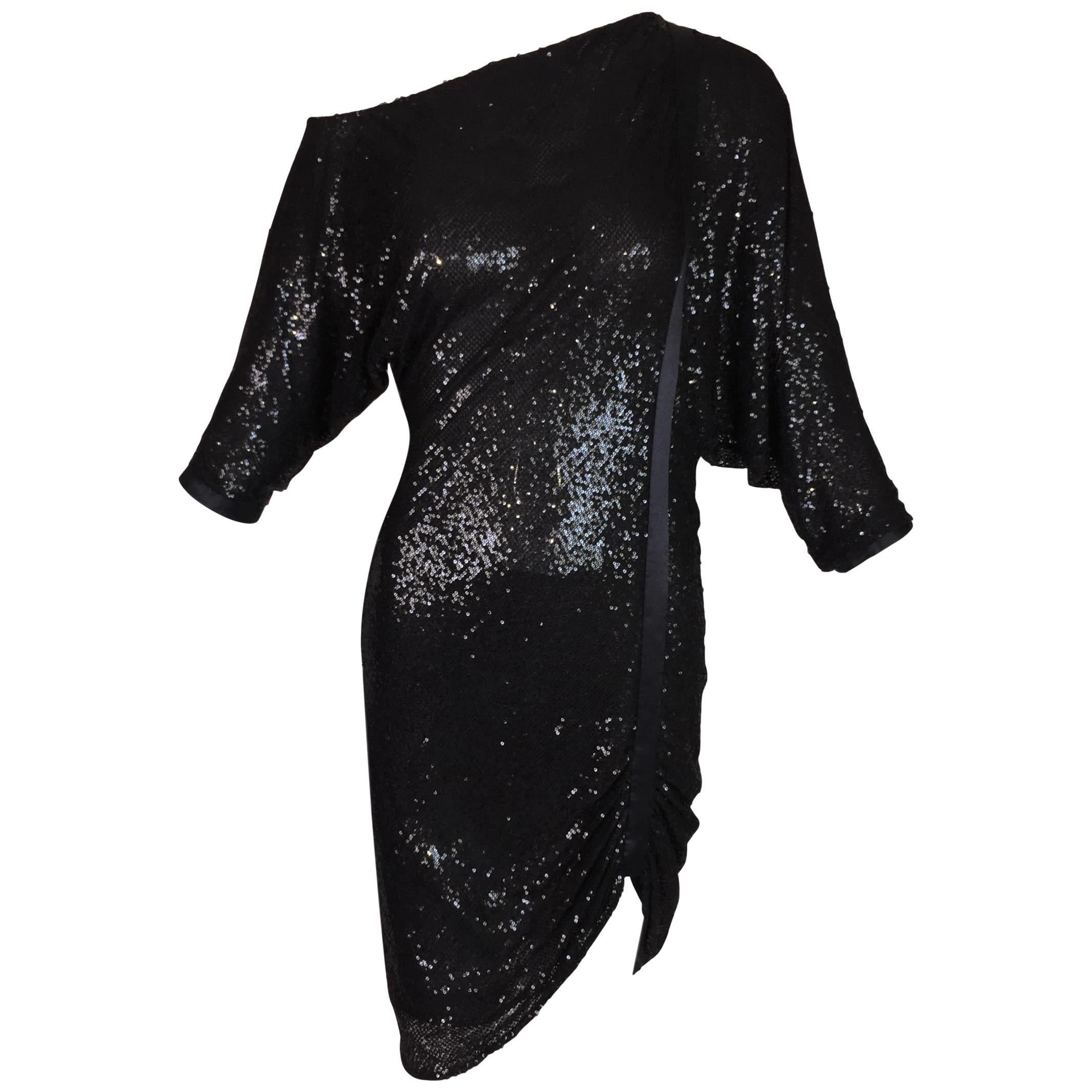 Gianni Versace Runway Semi-Sheer Off Shoulder Black Sequin Mini Dress, S/S 2001 