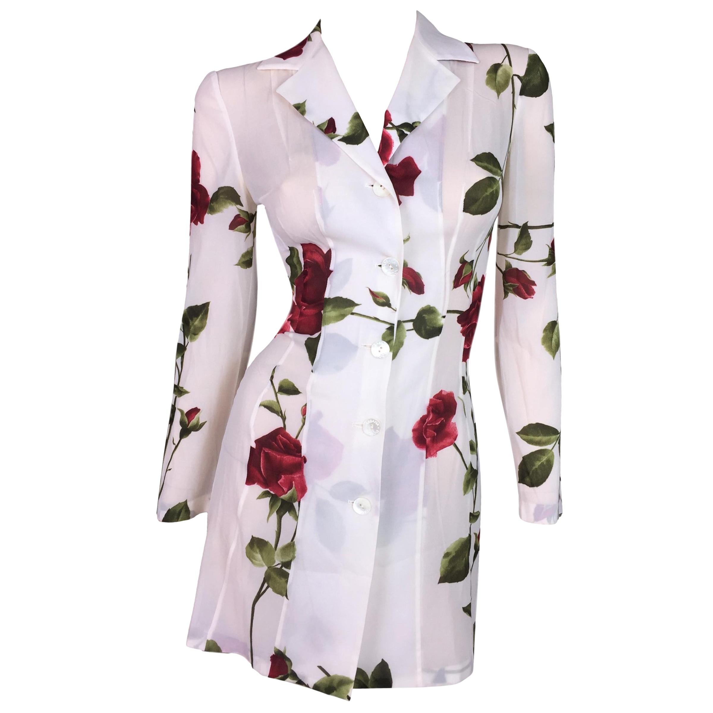 1996 Dolce & Gabbana Sheer Silk Roses Print Button Down L/S Mini Dress