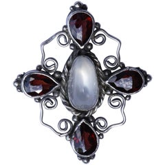 Hand Made Silver Brooch with a Faux Moonstone and Faux Garnets circa 1920s