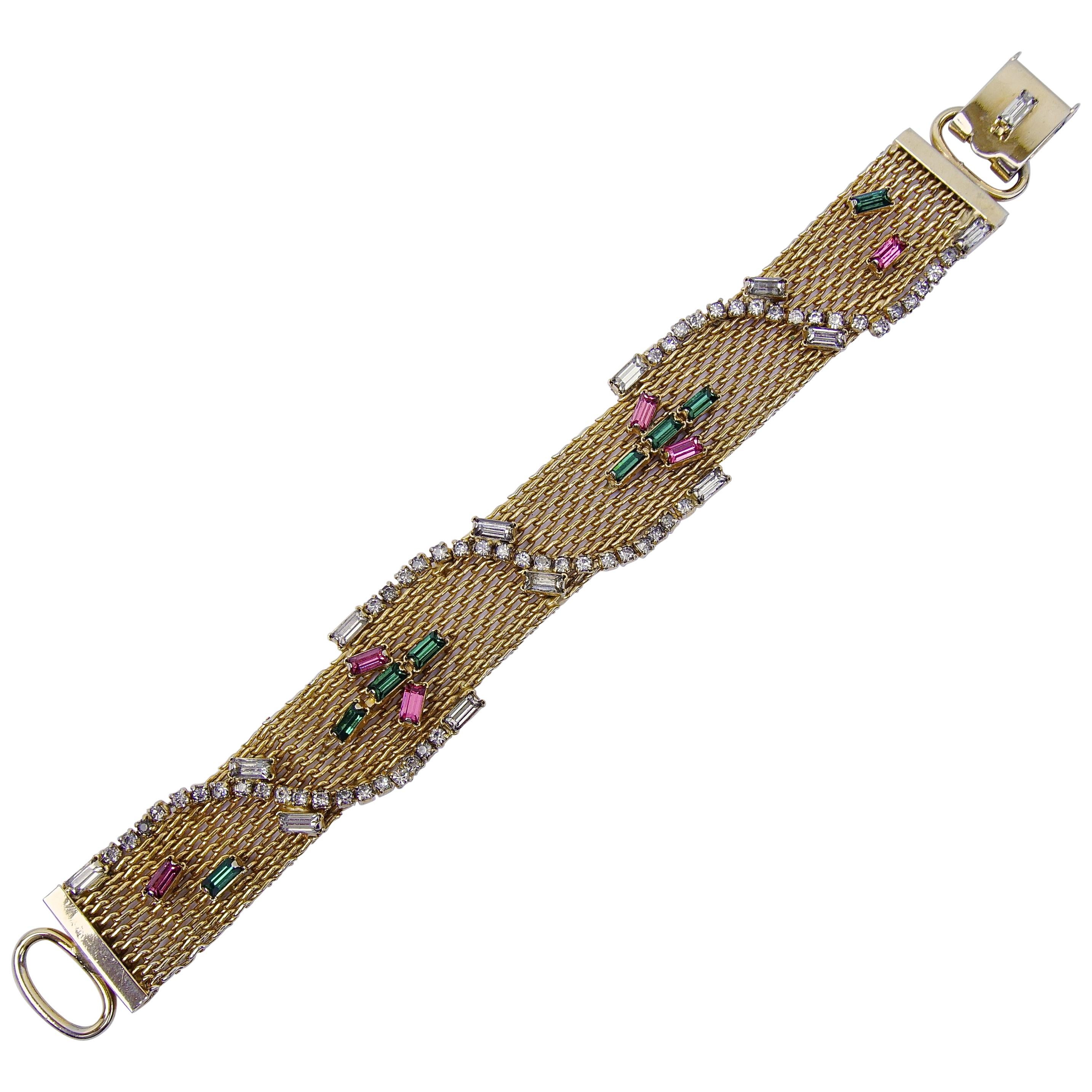 Hobe Gold Tone Mesh and Pink, Green, and Clear Rhinestone Bracelet 1950s