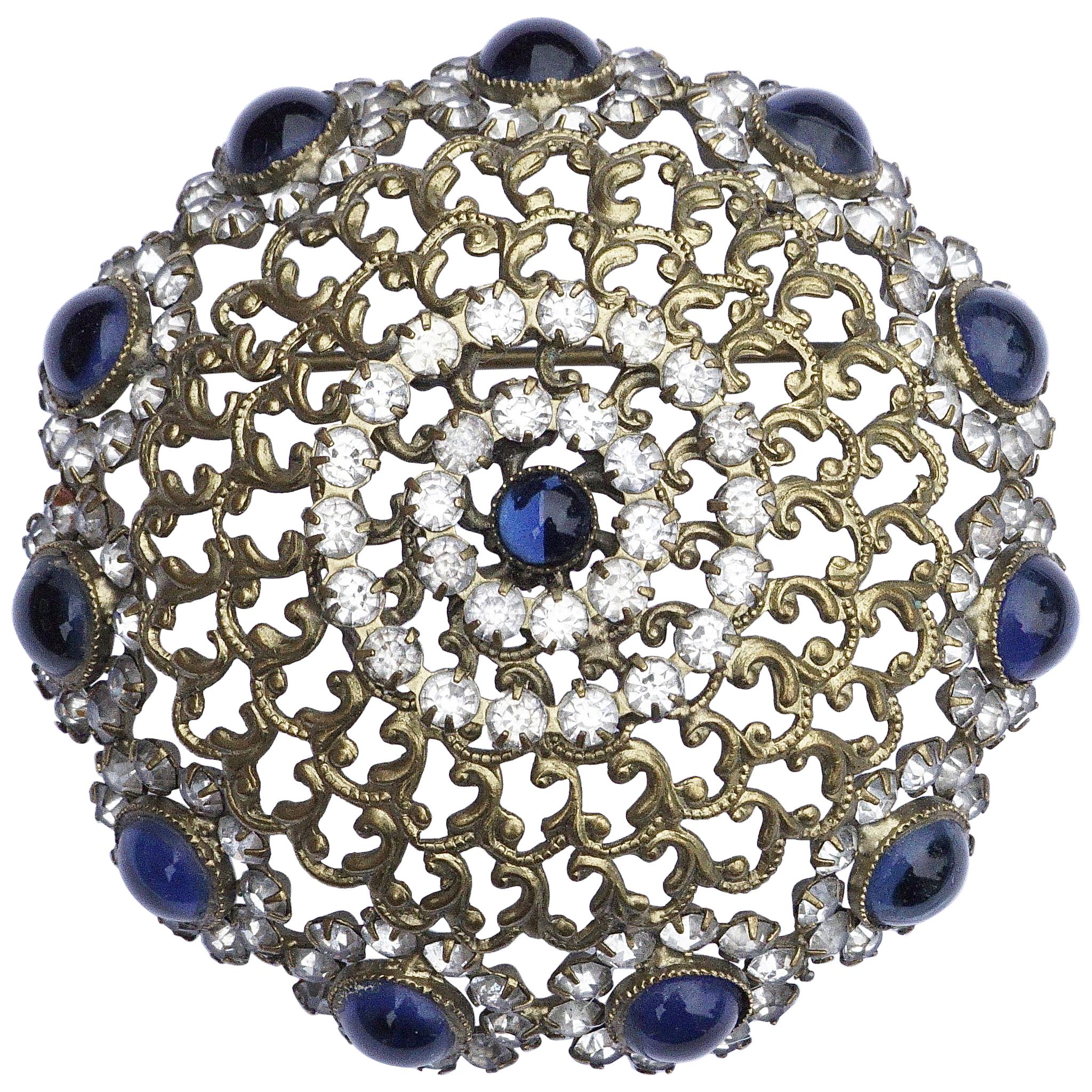  Alice Caviness Blue Cabochon and Clear Rhinestone Dome Brooch For Sale