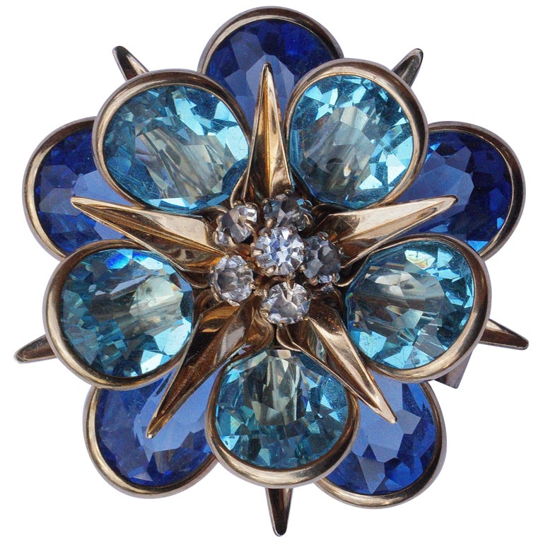 Walter Lampl 1940s Gold Filled Blue Glass and Rhinestone Brooch/Pendant ...