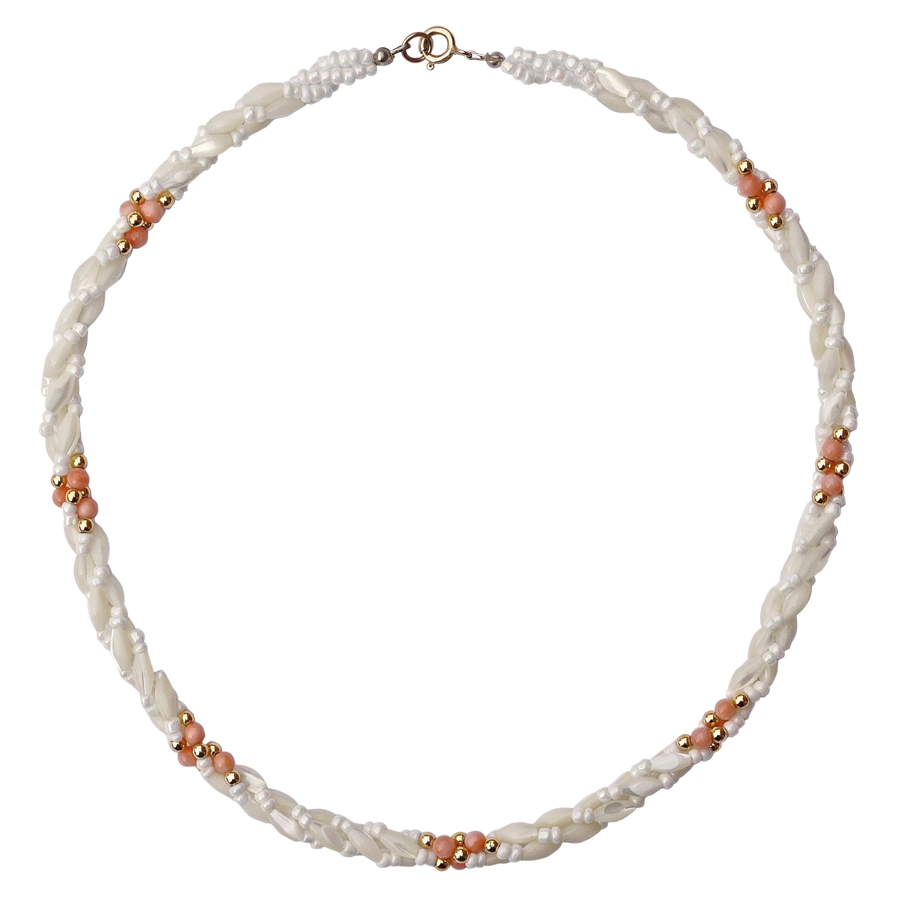 Twisted Triple Strand Coral Mother-of-Pearl Vintage Bead Necklace