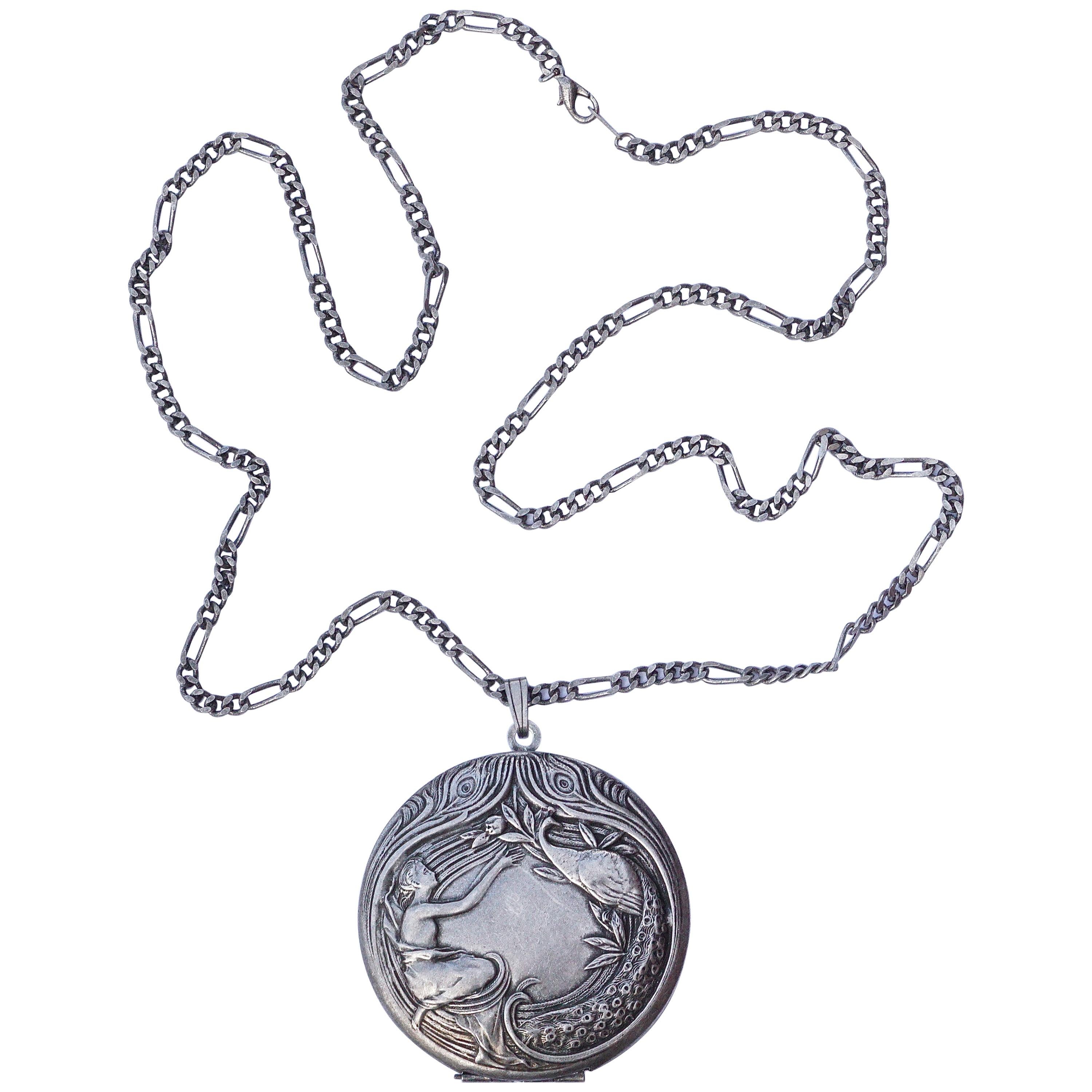 French Pierre Bex Art Nouveau style Silver Plated Necklace and Peacock Locket
