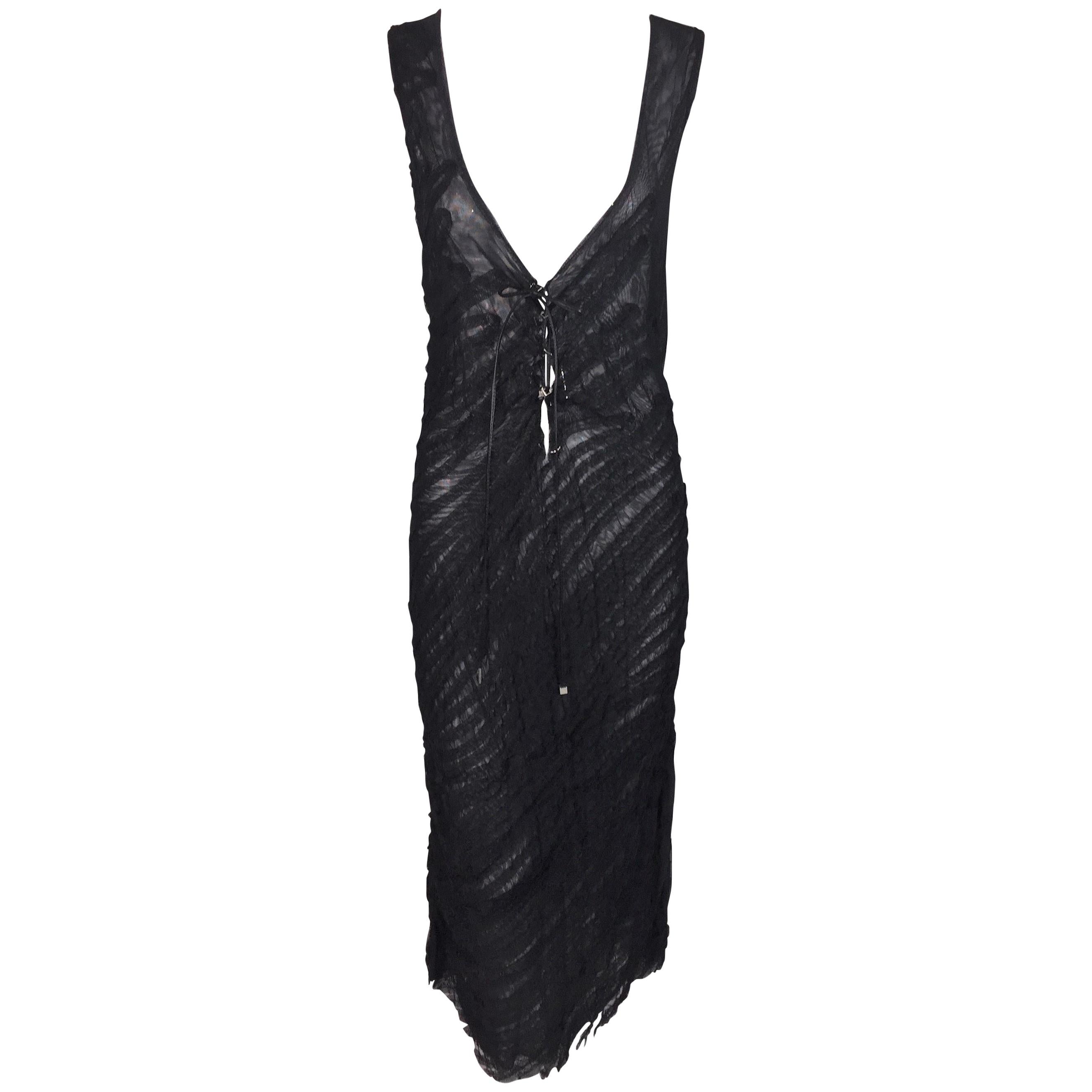 1990's Fendi Sheer Black Mesh Plunging Tie Front Dress