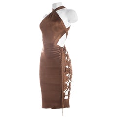 Azzedine Alaia bronze acetate knit bodysuit and lace up skirt ensemble, S/S 1986