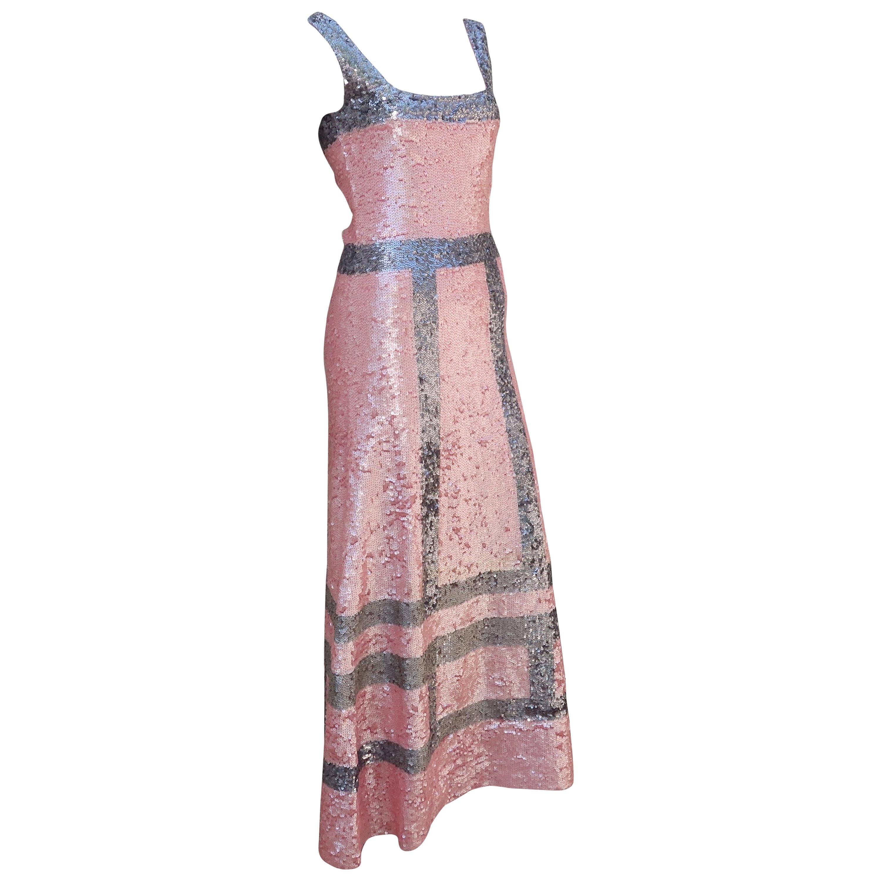 Pink and Silver Fully Sequin Décolleté Maxi Tank Evening Dress