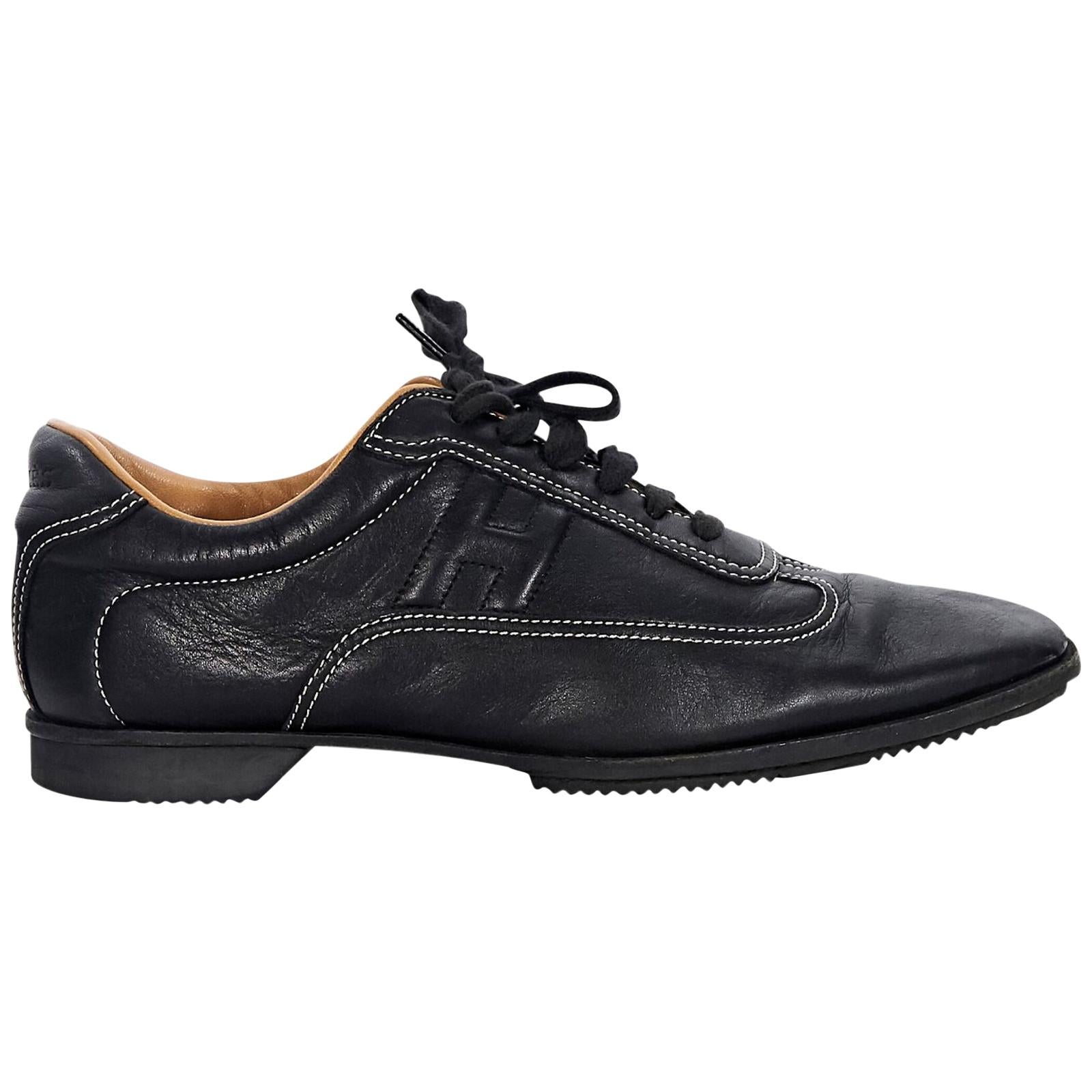 Black Hermes Leather Sneakers