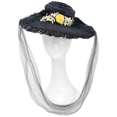 Vintage Navy Woven Raffia Cartwheel Hat, 1940s 