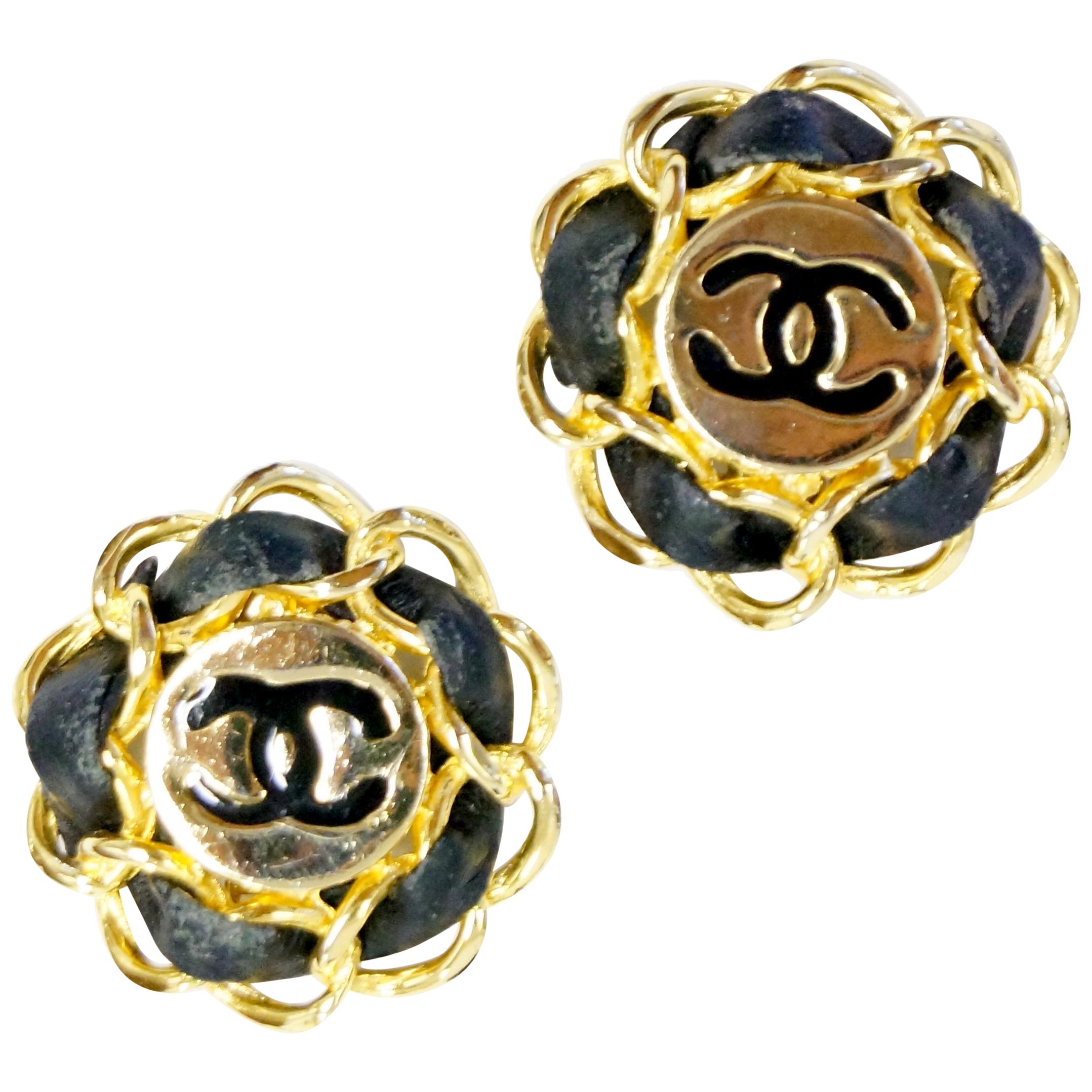 Iconic 1980s Chanel Logo Gold and Leather Clip Earrings