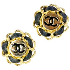 Iconic 1980s Chanel Logo Gold and Leather Clip Earrings