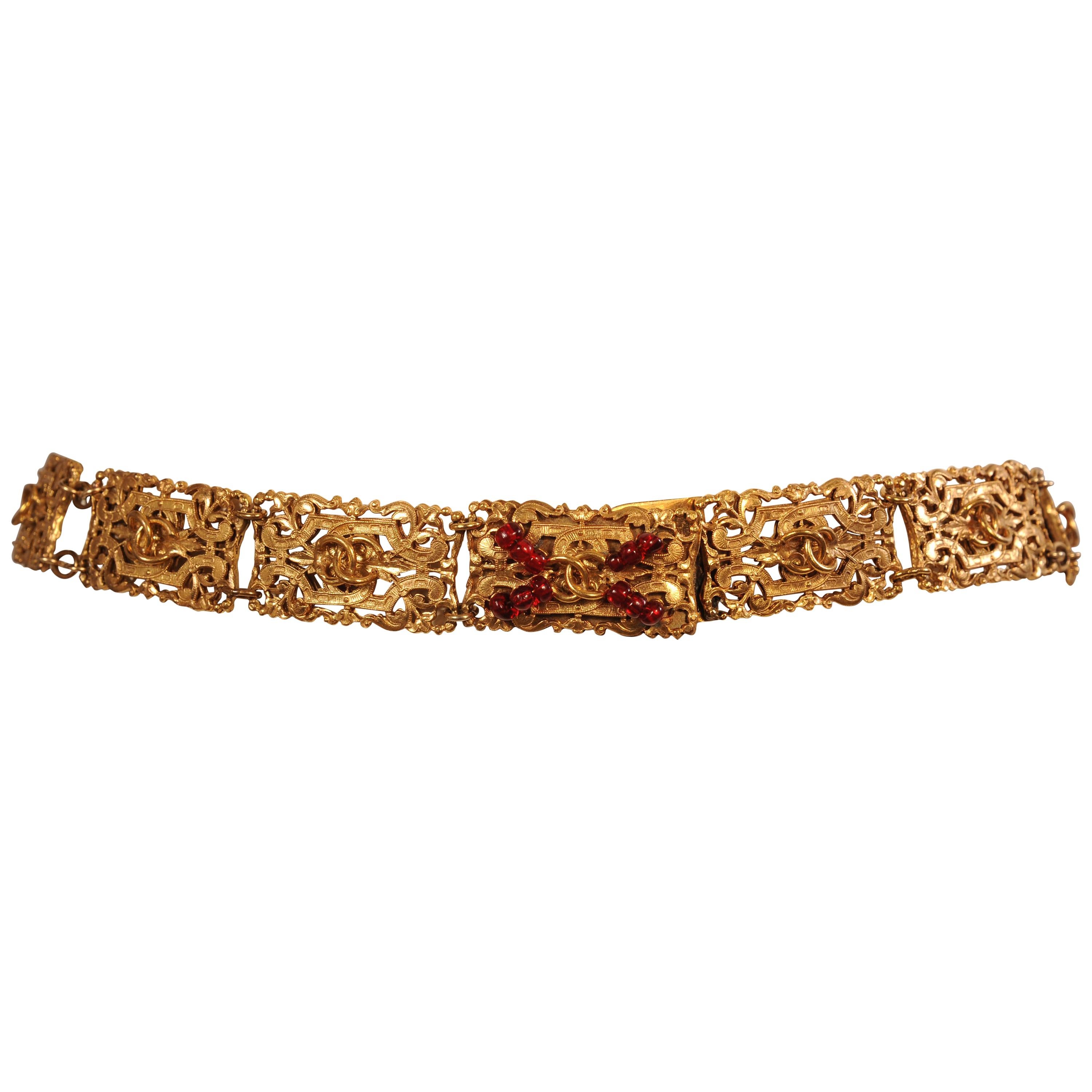 Chanel Gold Toned Belt with Red Gripoix Beads on Clasp