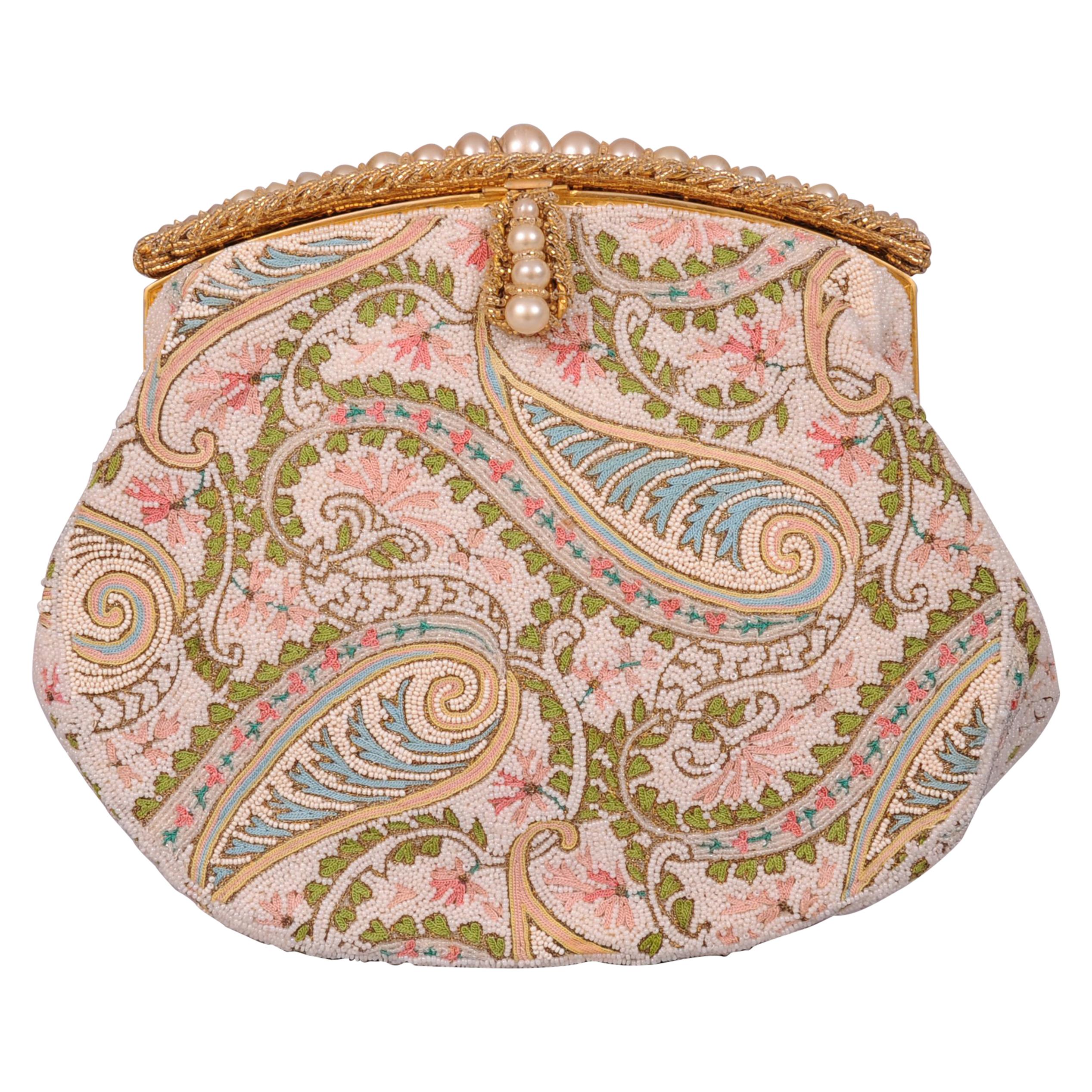 Josef Hand Beaded and Pastel Embroidered French Evening Bag, circa 1960