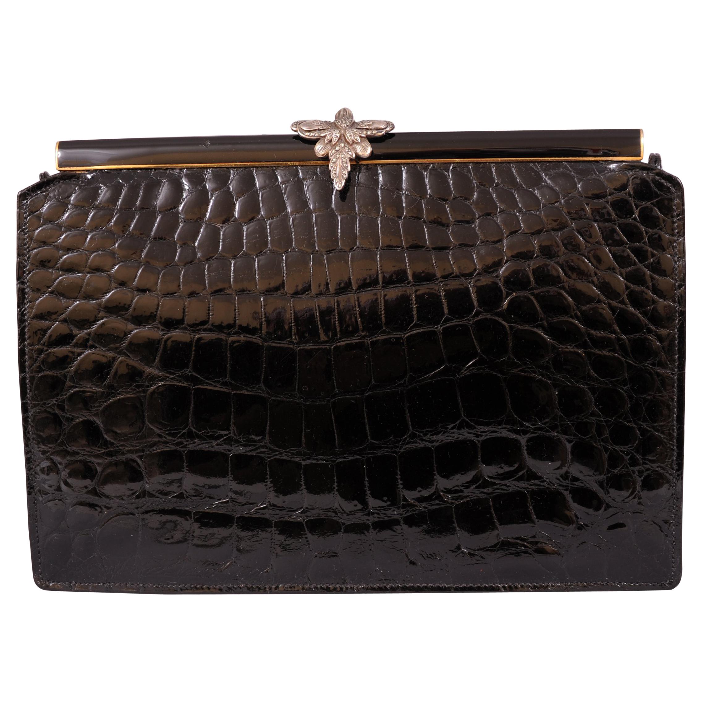 Koret Black Crocodile Handbag Jeweled Enamel Frame Made in France Never Used